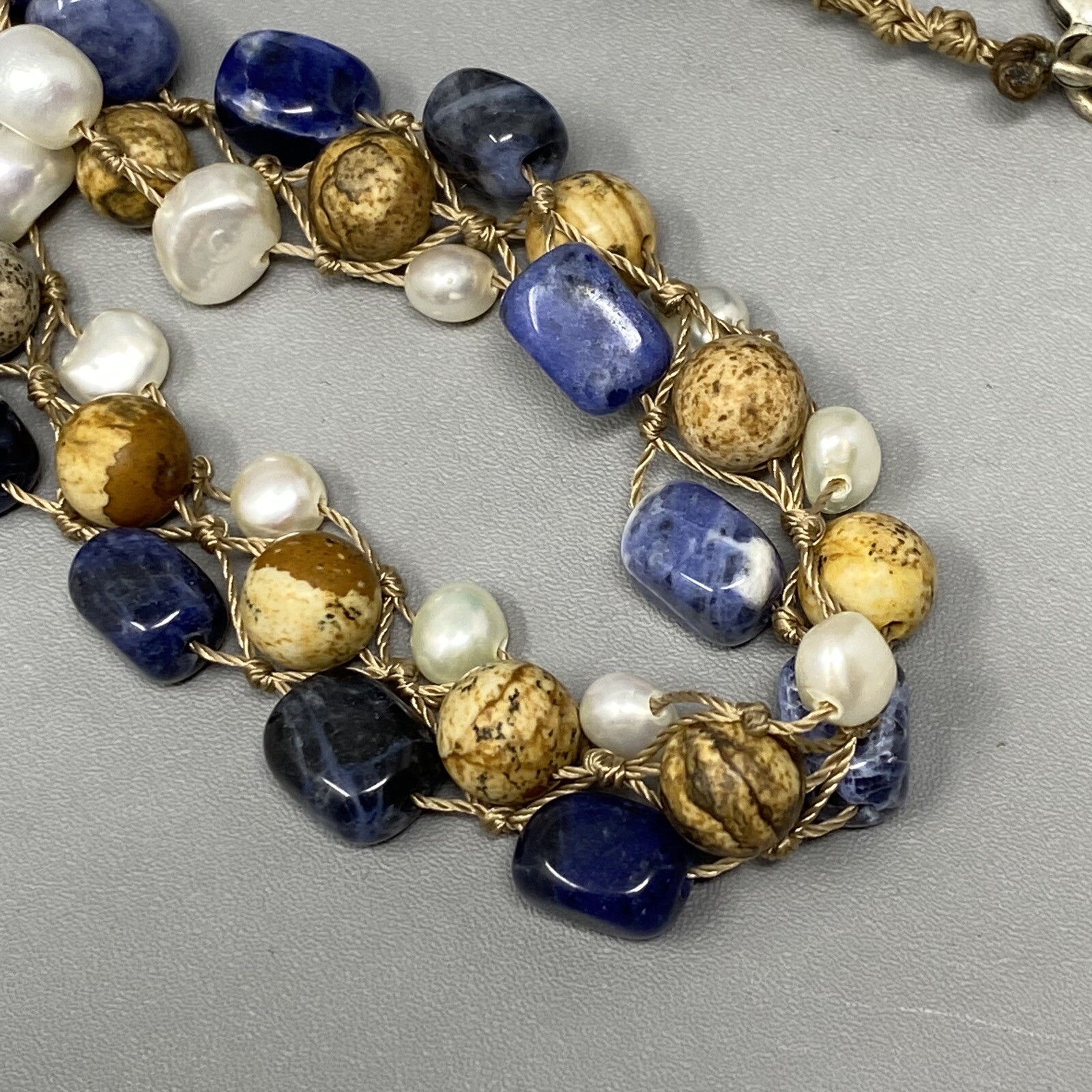 Coldwater Creek Necklace Jasper Sodalite Genuine Pearl Hand Knot Wrap Boho 20″