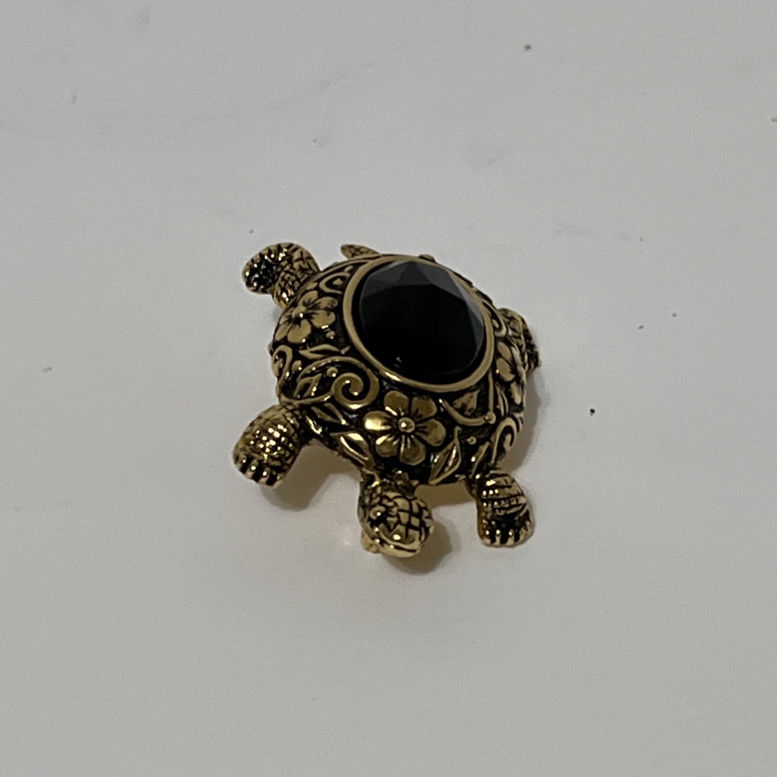 1928 Brand Brooch Turtle Tortoise Black Faceted Acrylic Shell Gold Flower Motif