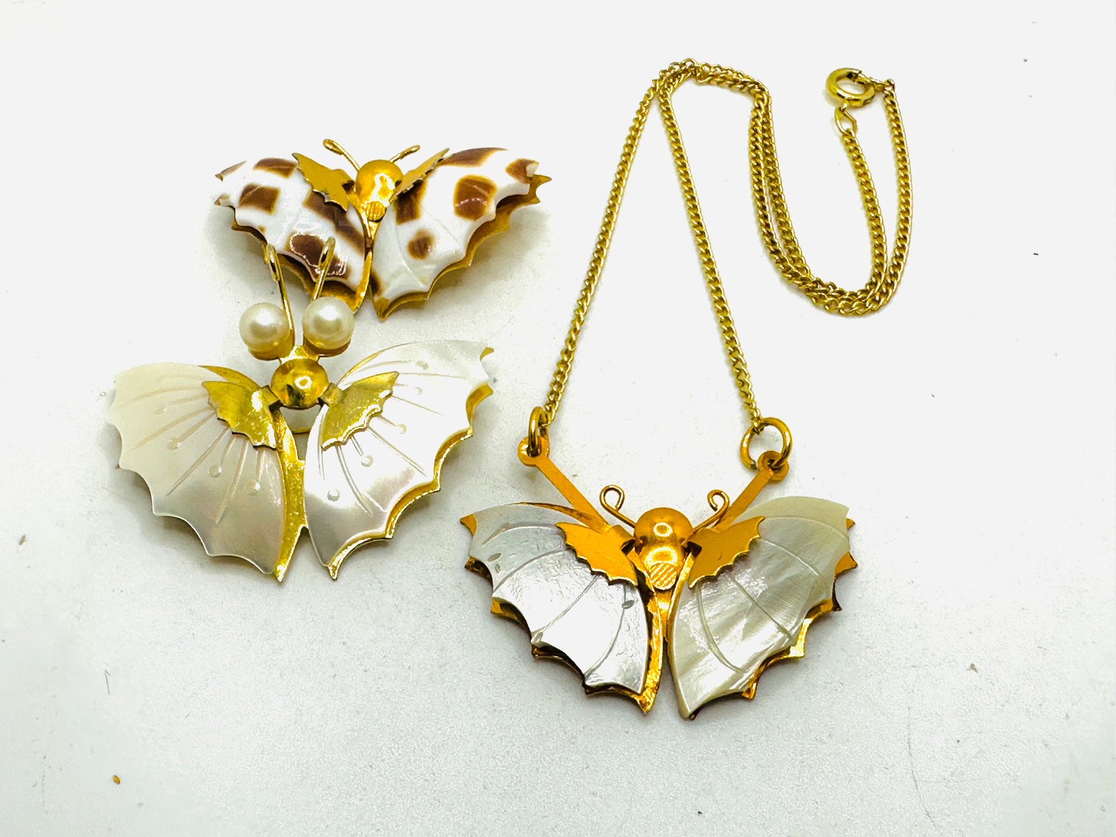 Lot 3 Gold Tone MOP / Shell Moths – 2 Brooches and 1 Necklace EUC