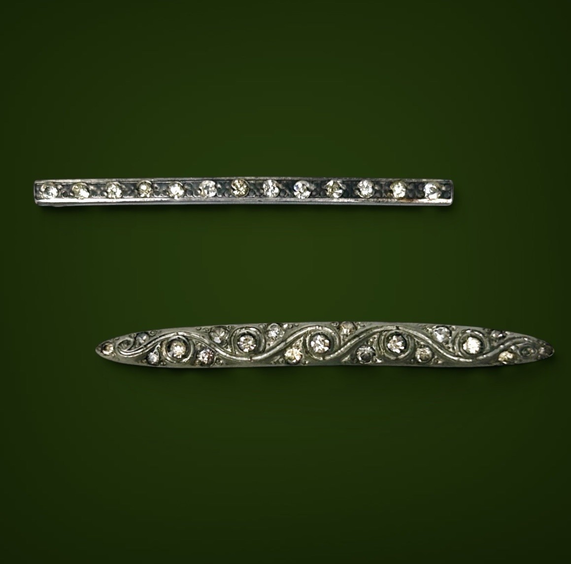 2 Antique Bar Brooch Pins Art Deco Era Paste Stones 1 Glass 1 Pot Metal