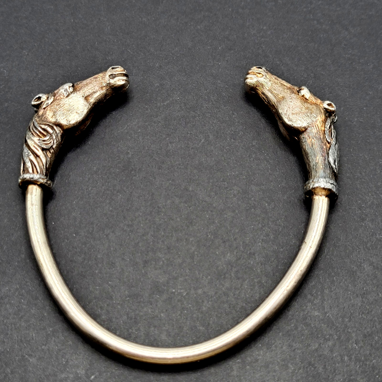 Double Horse Head Pewter Plated Copper w Patina Vintage 70s Torque Cuff Bracelet