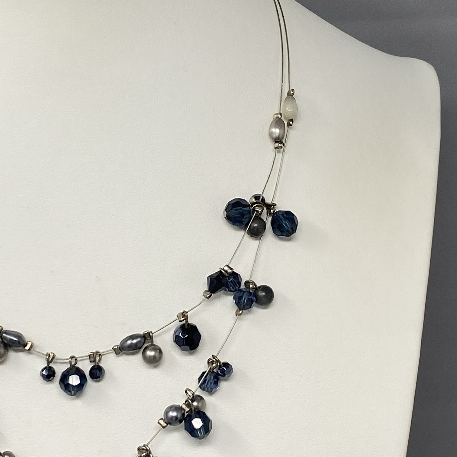 Glass Bead Fringe Necklace Blue Gray Station Layered Collar Memory Wire 19″