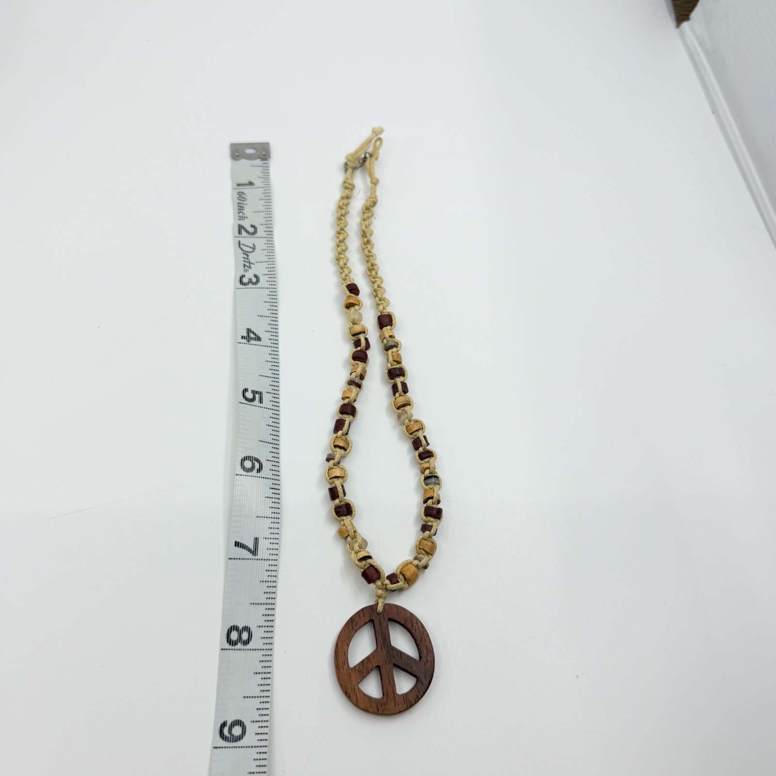 Vintage Y2K Boho Wood Peace Sign Pendant Macrame Hemp Beaded Choker Necklace