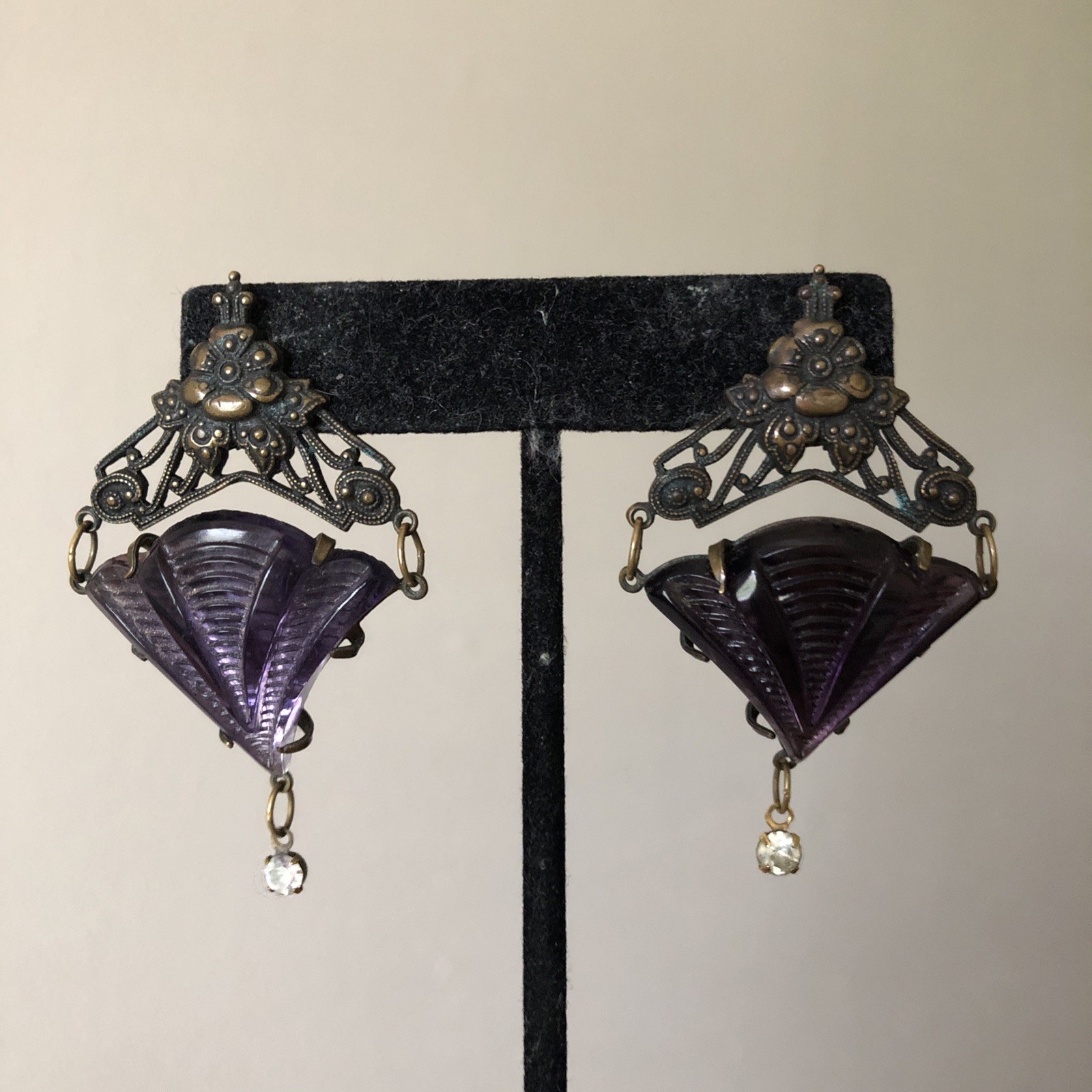 Vintage Glass Works Studio GWS Purple Glass Earrings Victorian Gothic Style 90s