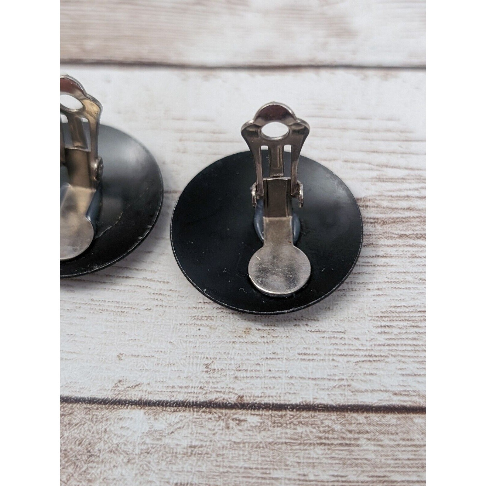 Vintage Clip On Earrings – Black with Silver Tone Design 1 & 1/8″