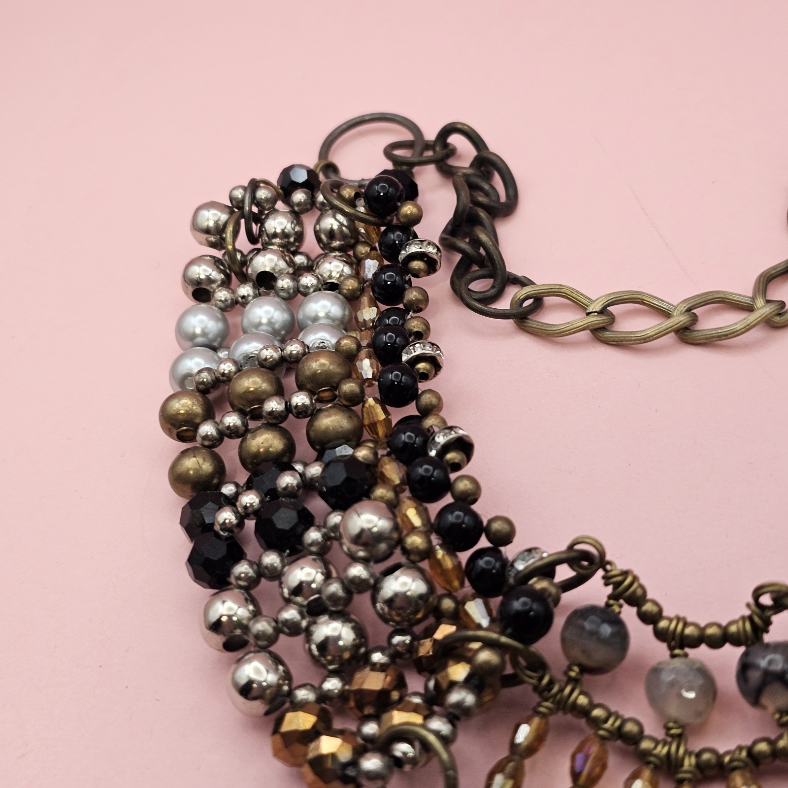 PAM HIRAN Statement Bib Necklace Mixed Bead Collar Brass Tone Chunky Boho Glam