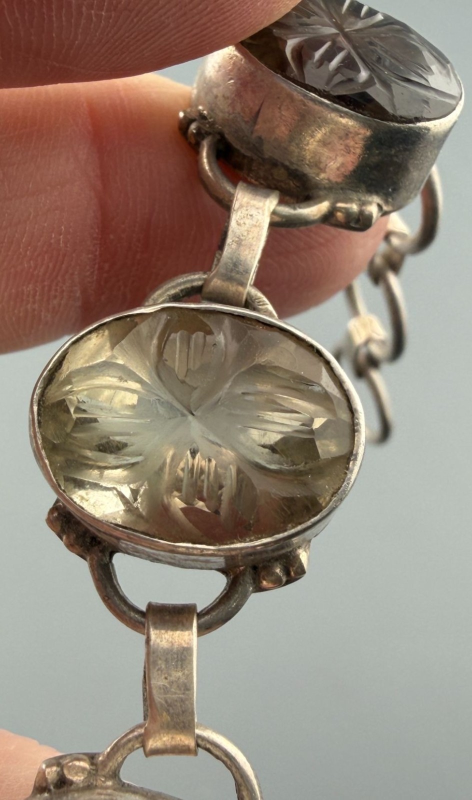 Vintage Bracelet Carved Rock Quartz Sterling Silver Link Crystal Smoky Quartz