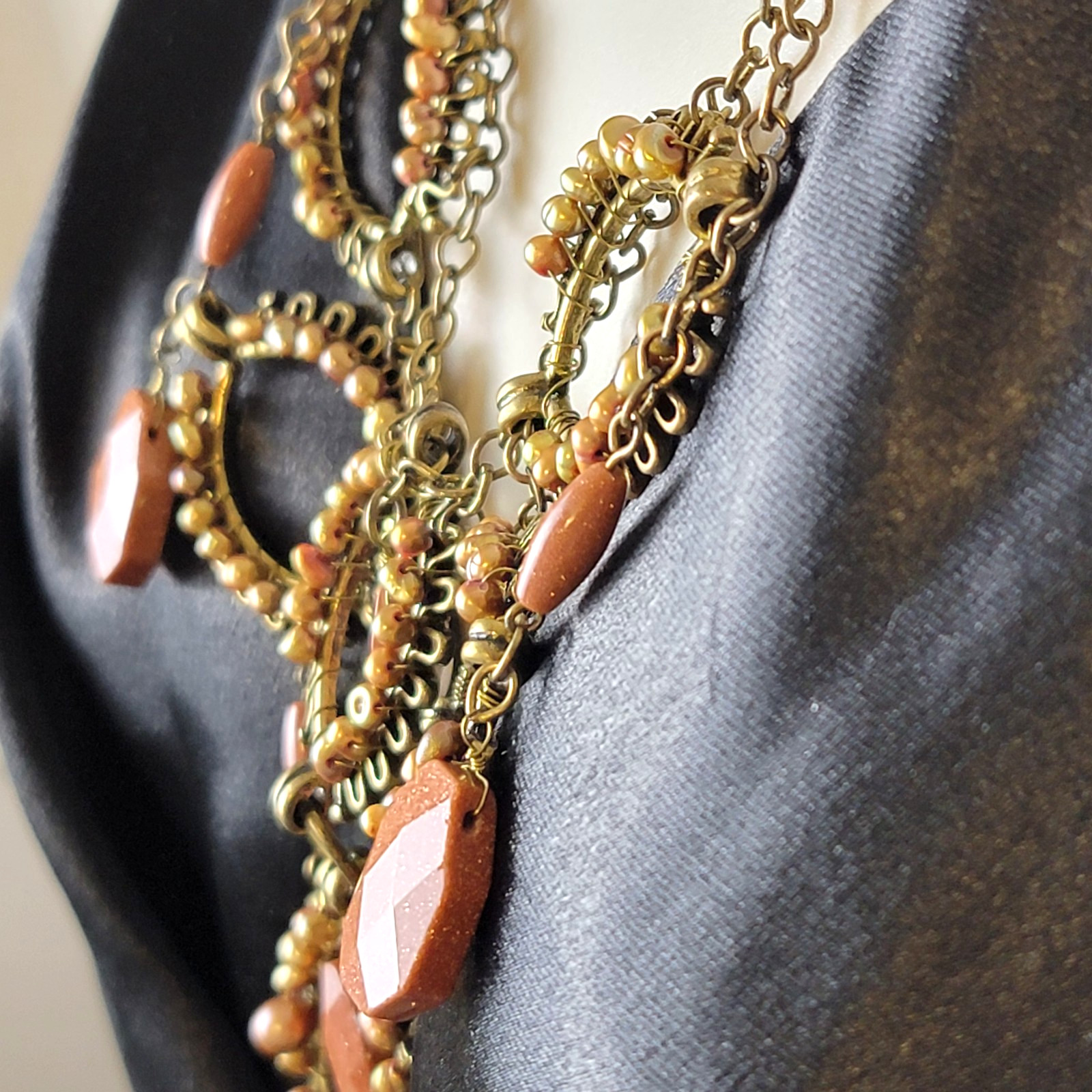 Vintage Coldwater Creek Goldstone and Pearls Bronze Tone Bib Festoon Necklace