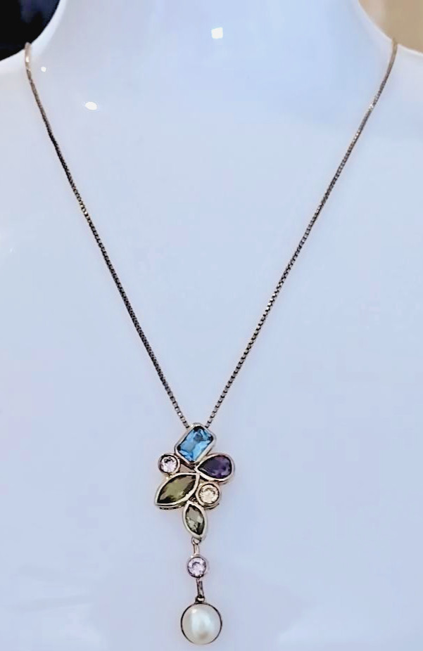 Vintage sterling multi gem necklace 20 inch stamped Italy