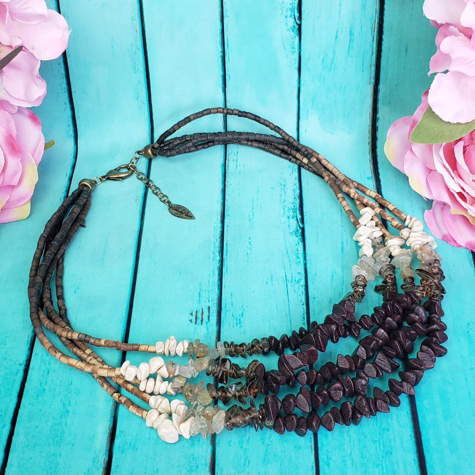 COLDWATER CREEK Quartz Stone & Wood Beaded Multi Strand Necklace Brown Boho