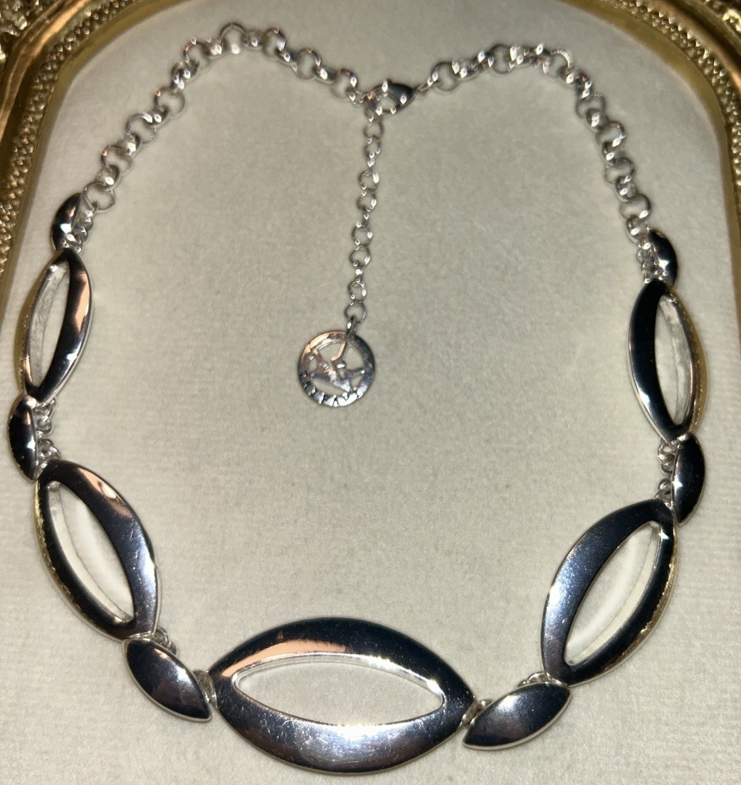 Crown Trifari Silver Tone Open Oval Link Necklace Modernist 15-17” 60’s 48g MCM