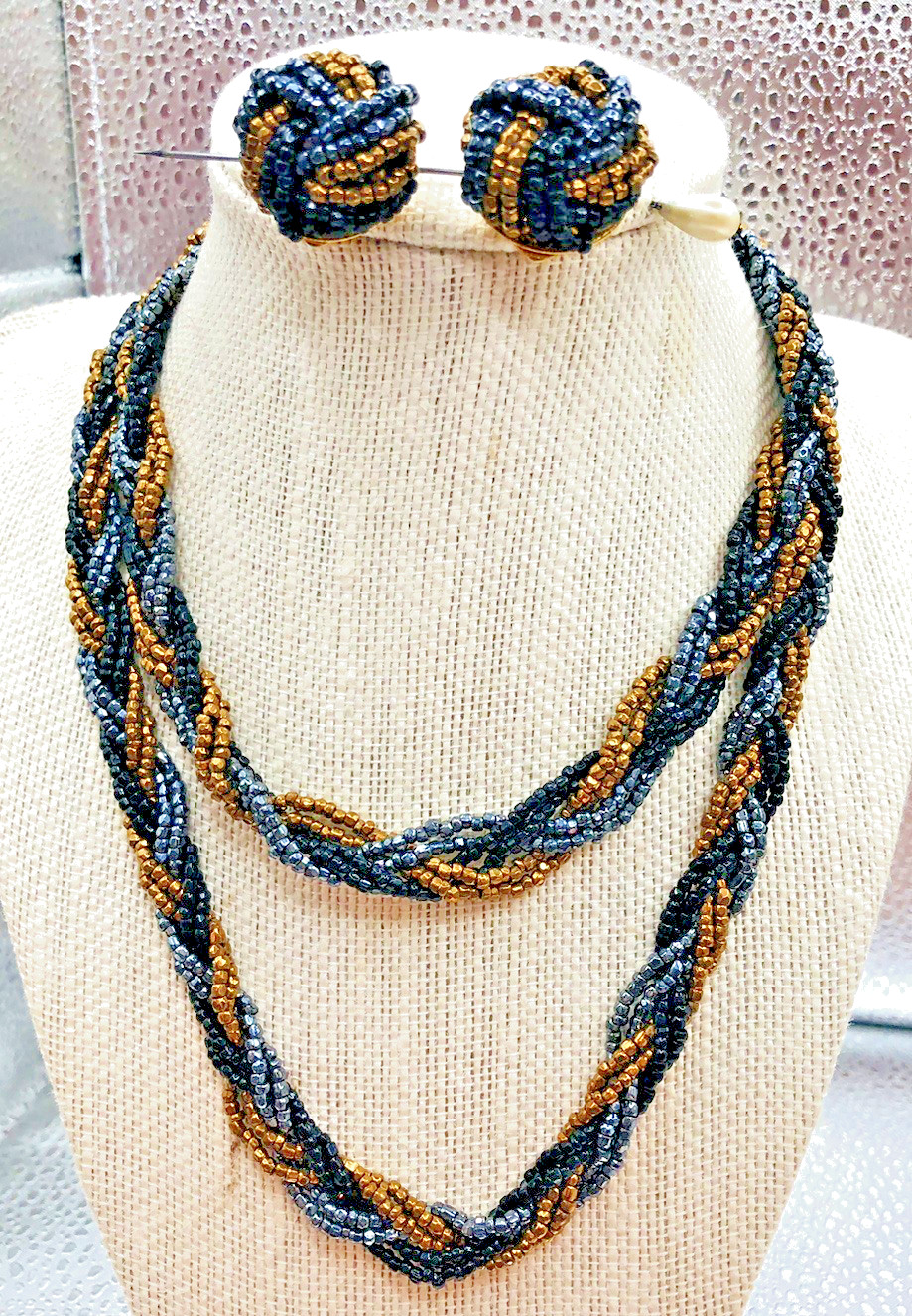Vintage JONNE House of Schrager Micro Bead Braided Necklace and Clip Earrings