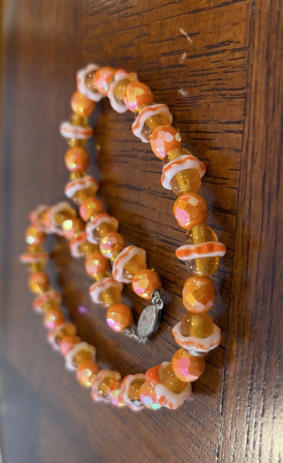 Vintage Unusual Hand Knotted Glass Bead Necklace Orange Saturn Shape Beads