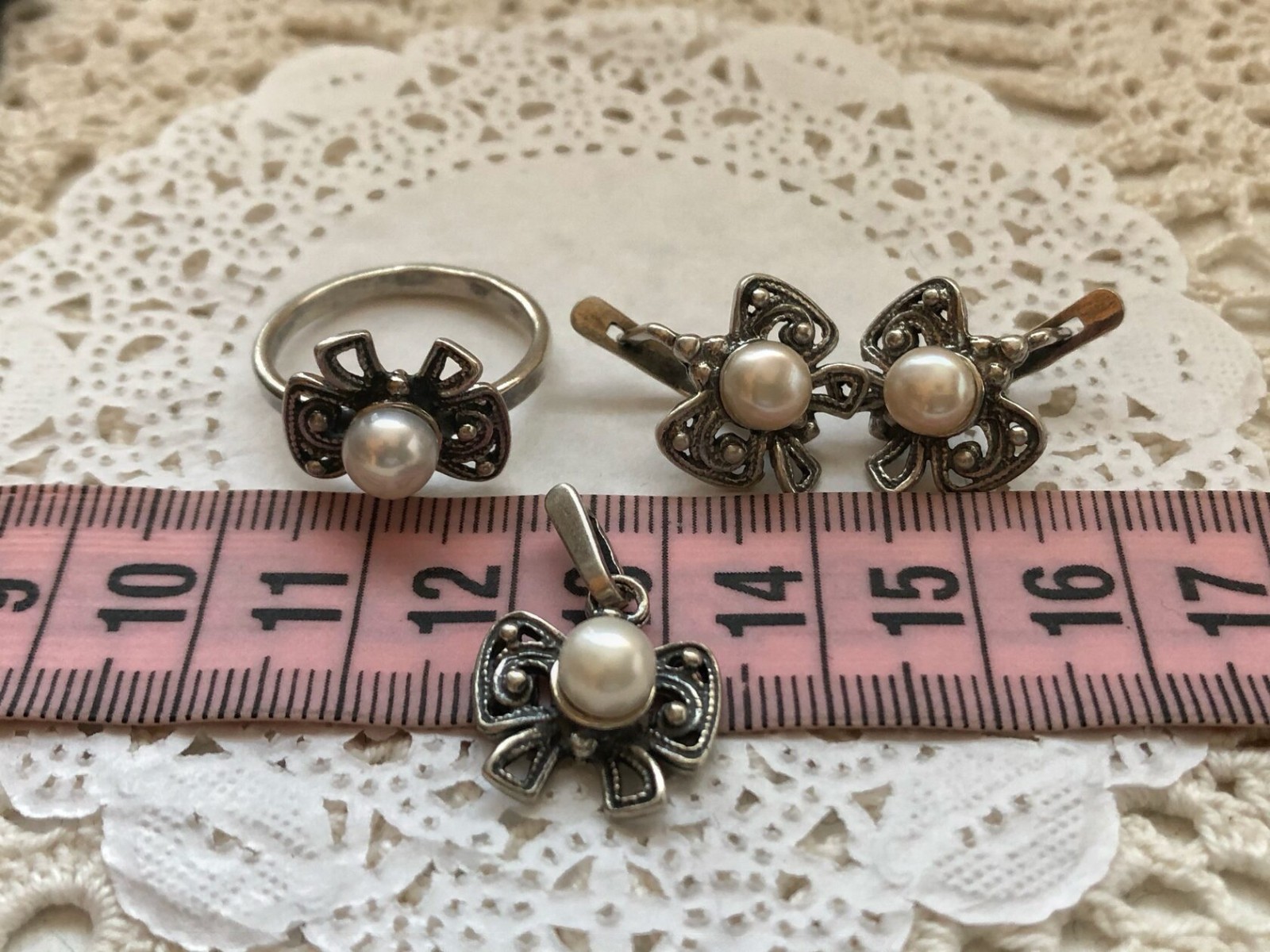Estate Vintage Soviet Set Earrings Ring & Pendant Sterling Silver 925 Pearl USSR