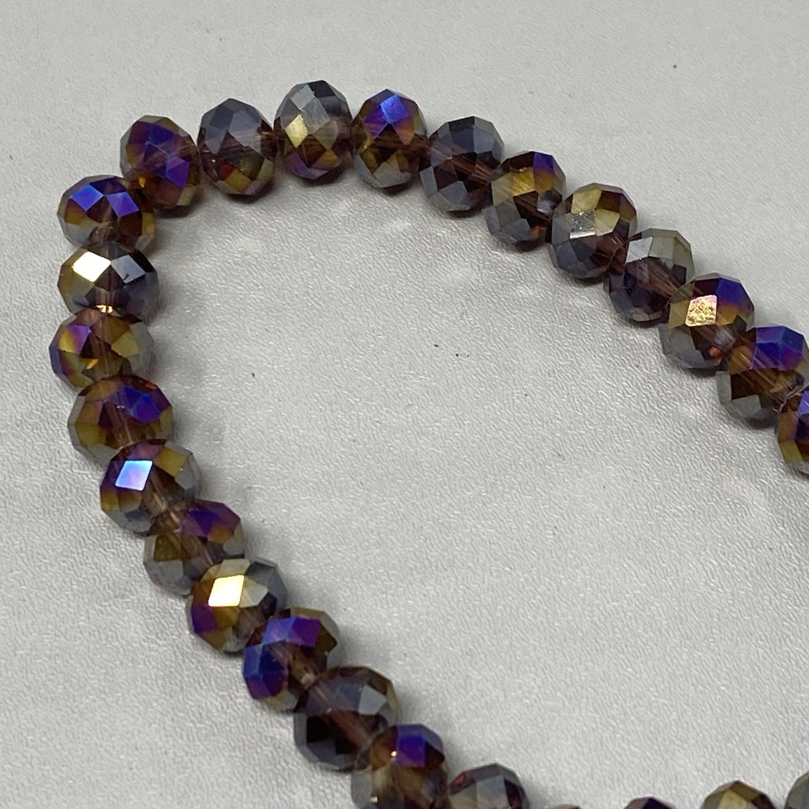 Purple Glass Beaded Bracelet Stretch AB Coated Peacock Oil Slick Faceted 7″