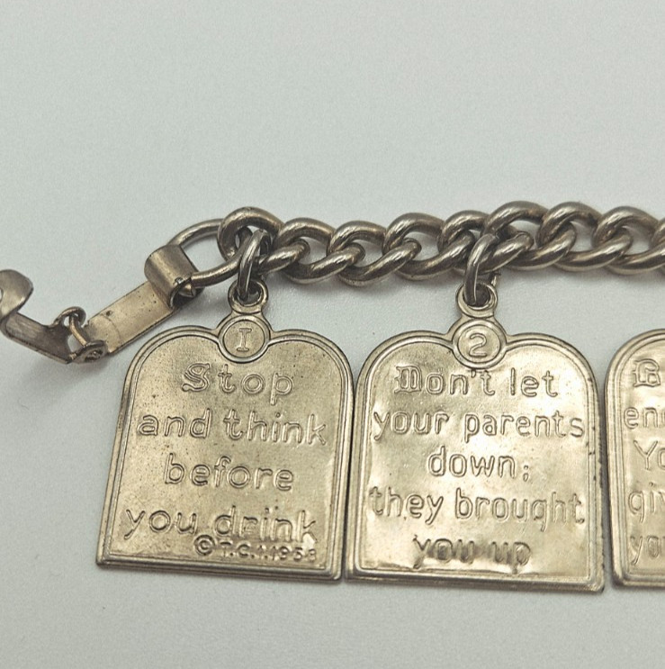 RARE Vintage 10 Teen Commandments Charm Bracelet Silvertone 1950s Paul Anka Song