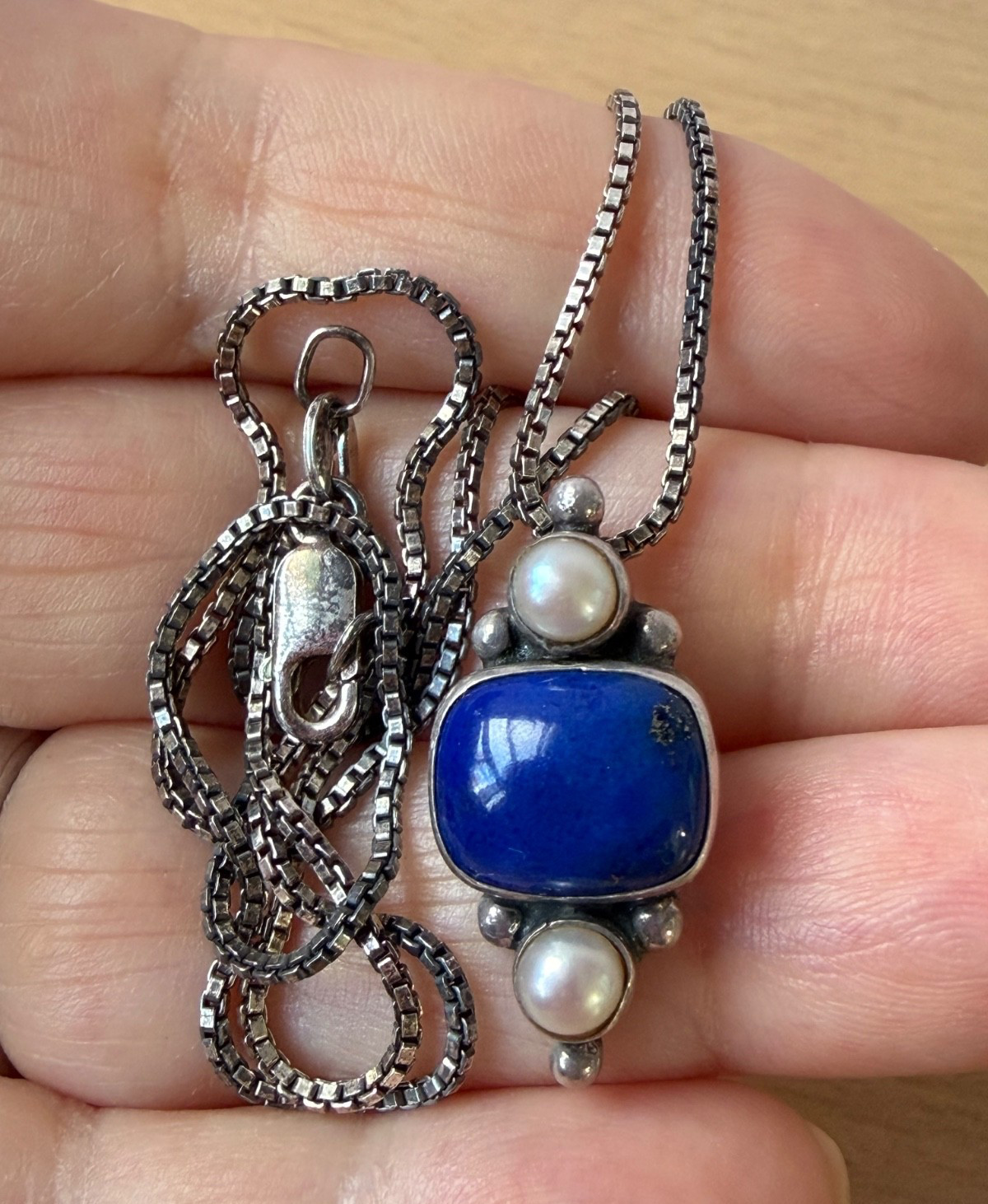 VINTAGE JGD JANICE GIRARDI LAPIS PEARL PENDANT CHAIN NECKLACE 925 STERLING SLVER
