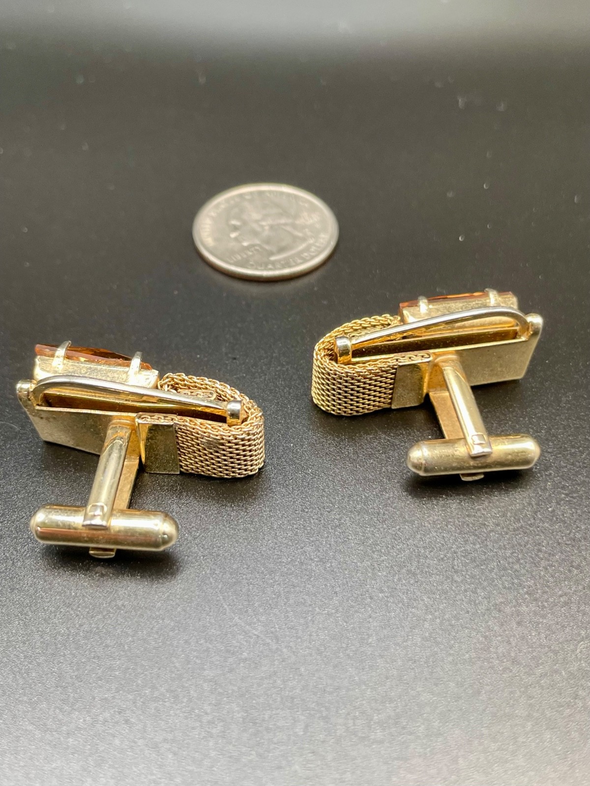 Vintage Gold Tone Faux Wrap Mesh Cufflinks Topaz Amber Glass Rhinestone