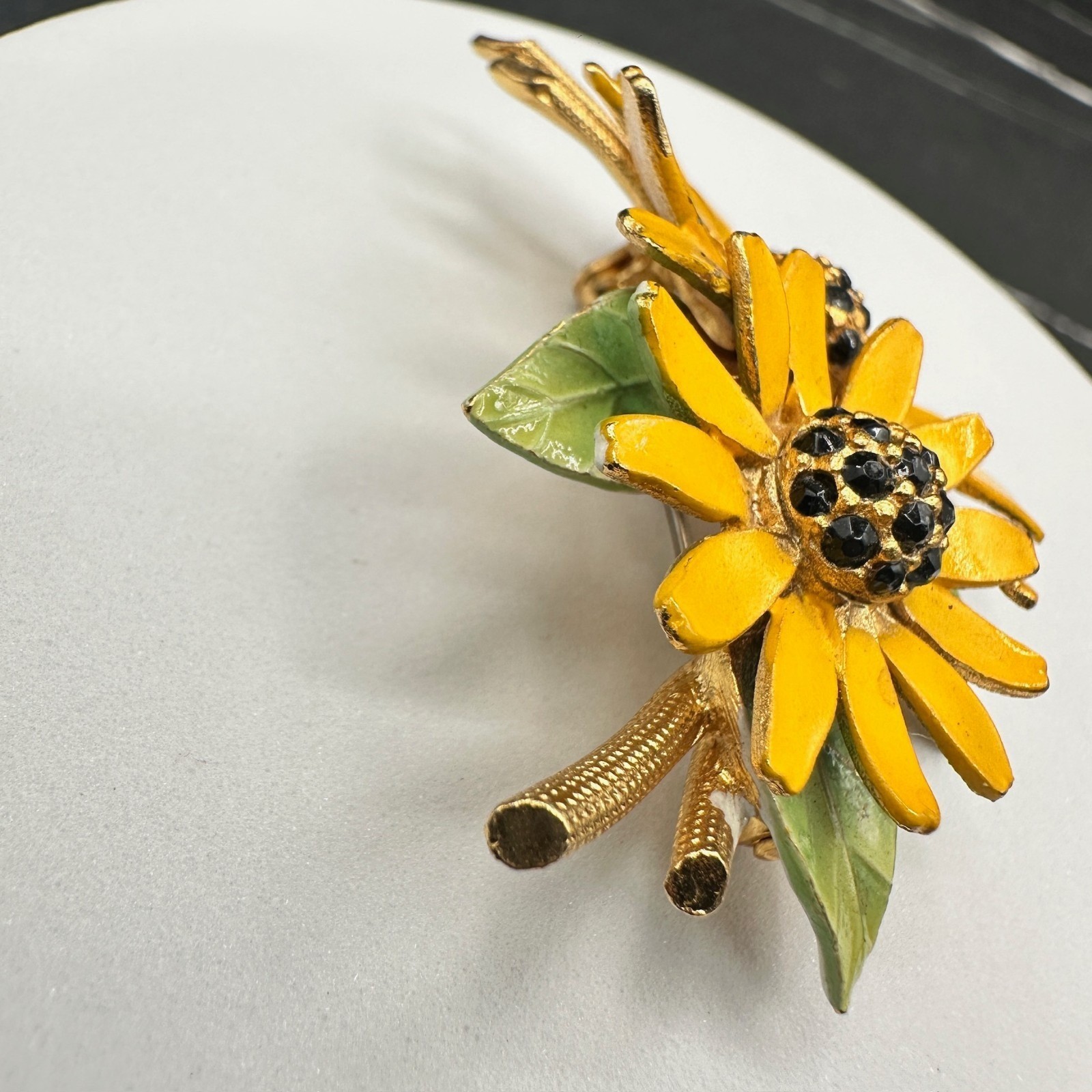 Vintage BSK Rhinestones Yellow Gold-Tone Vitreous Enamel Sunflower Brooch Pin