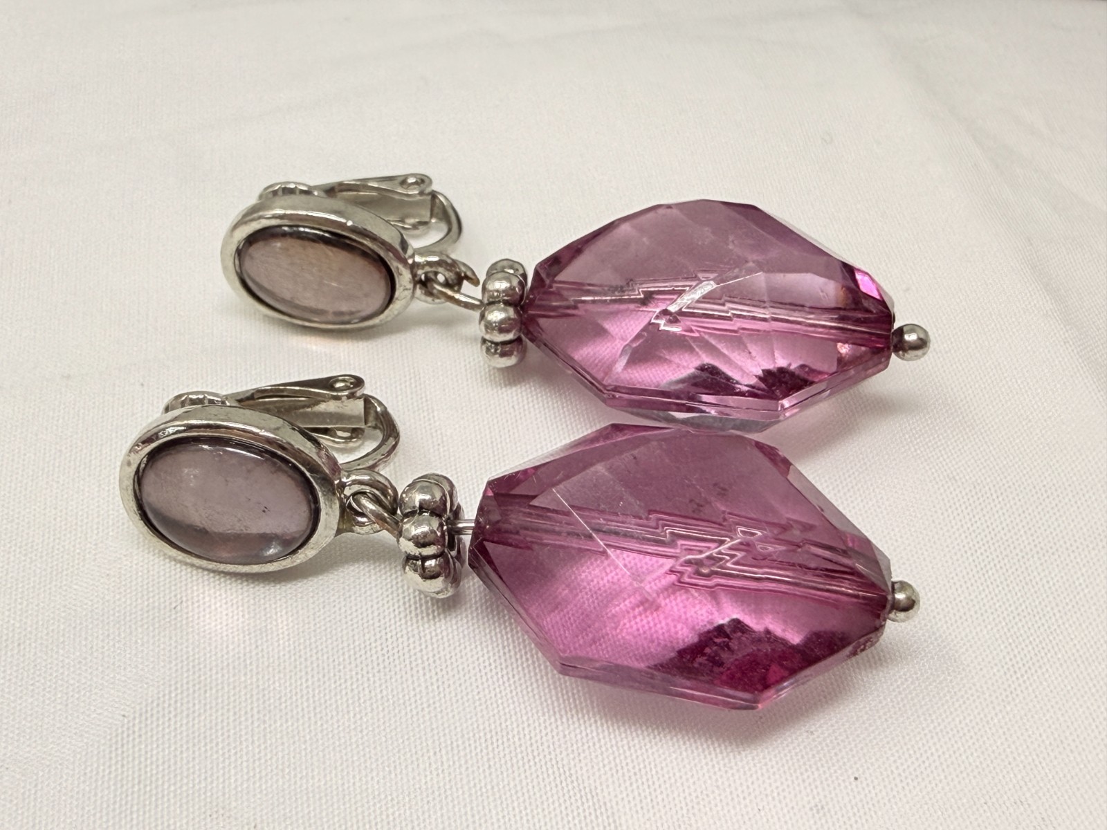 Purple Cabochon Acrylic Crystal Silver Tone 1.5″ Drop Dangle Clip on Earrings