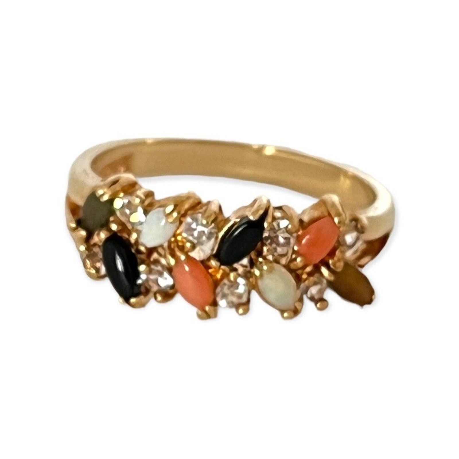 Vintage 1970s Ring Size 5 Opal Onyx Jade Tiger Eye Coral Band Gold Plate – 14M