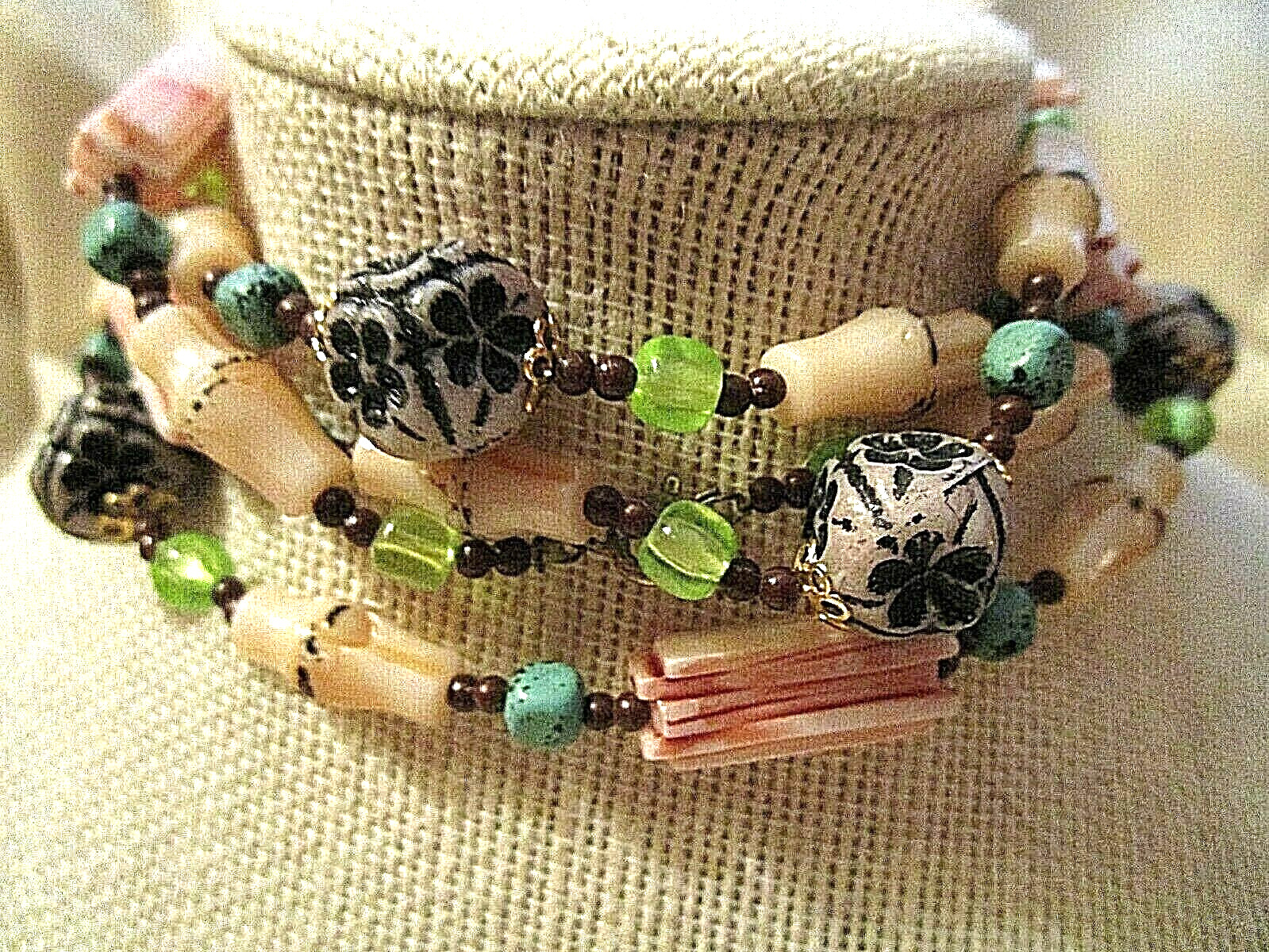 UNIQUE VINTAGE Multi-Bead NECKLACE: PLASTIC TIKI BAMBOO- CERAMIC FLOWER POWER+