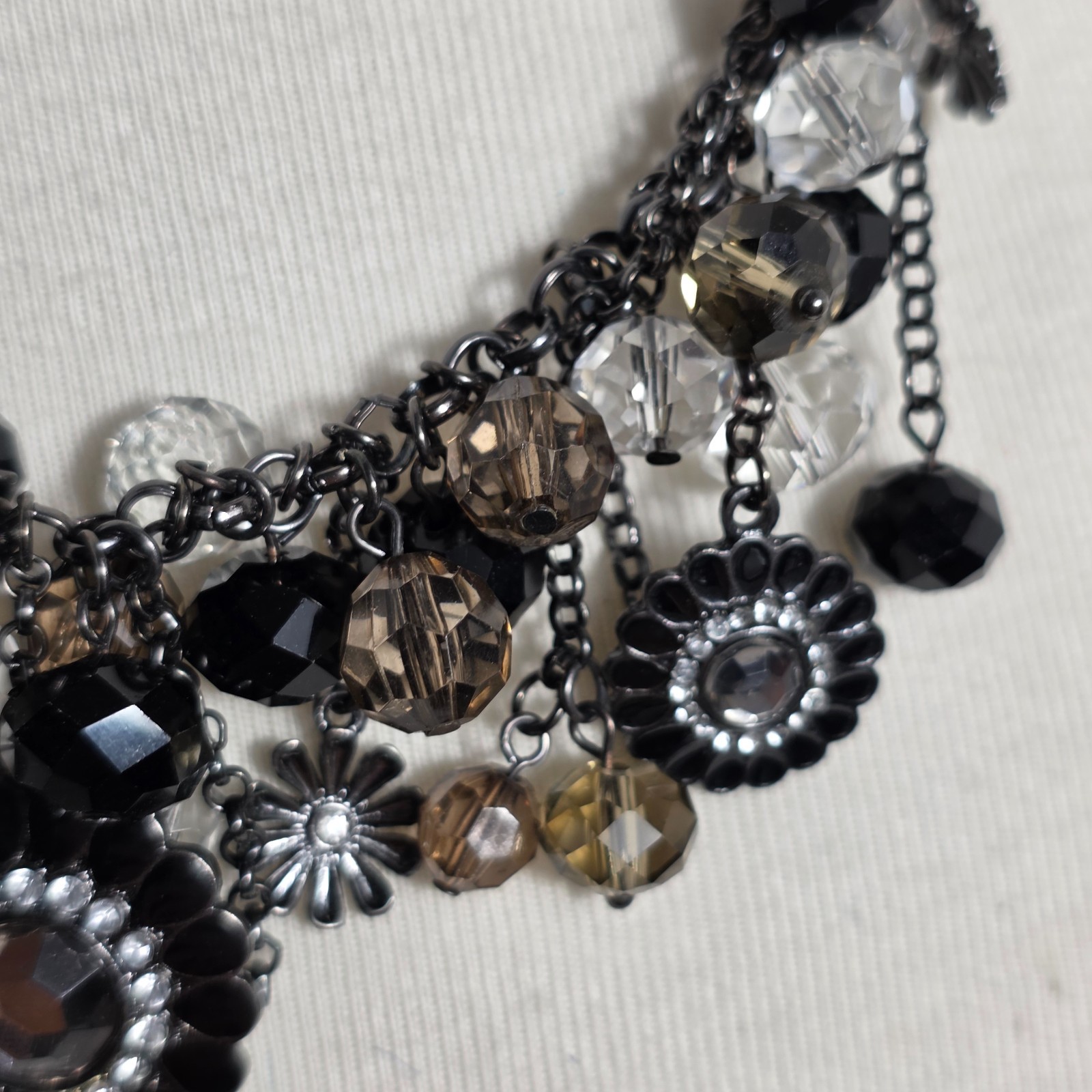 Metallic Black Charm Necklace Floral Pendants with Gray White & Black Beads