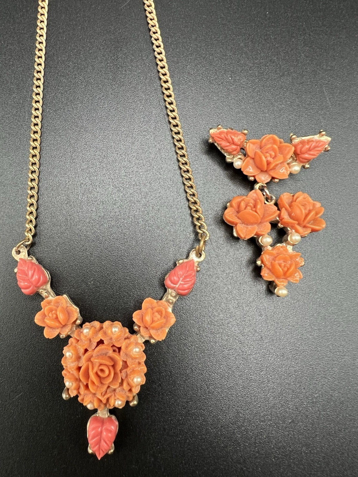 Art Deco Molded/Carved Peach Pink Floral Necklace & Matching Brooch