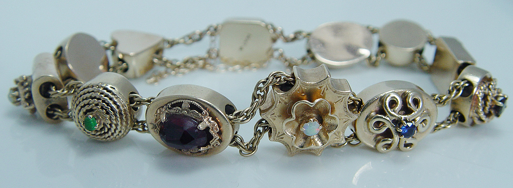 Solid 14K Gold Charm Slide Bracelet Diamond Emerald Ruby Sapphire Opal 30.4gr