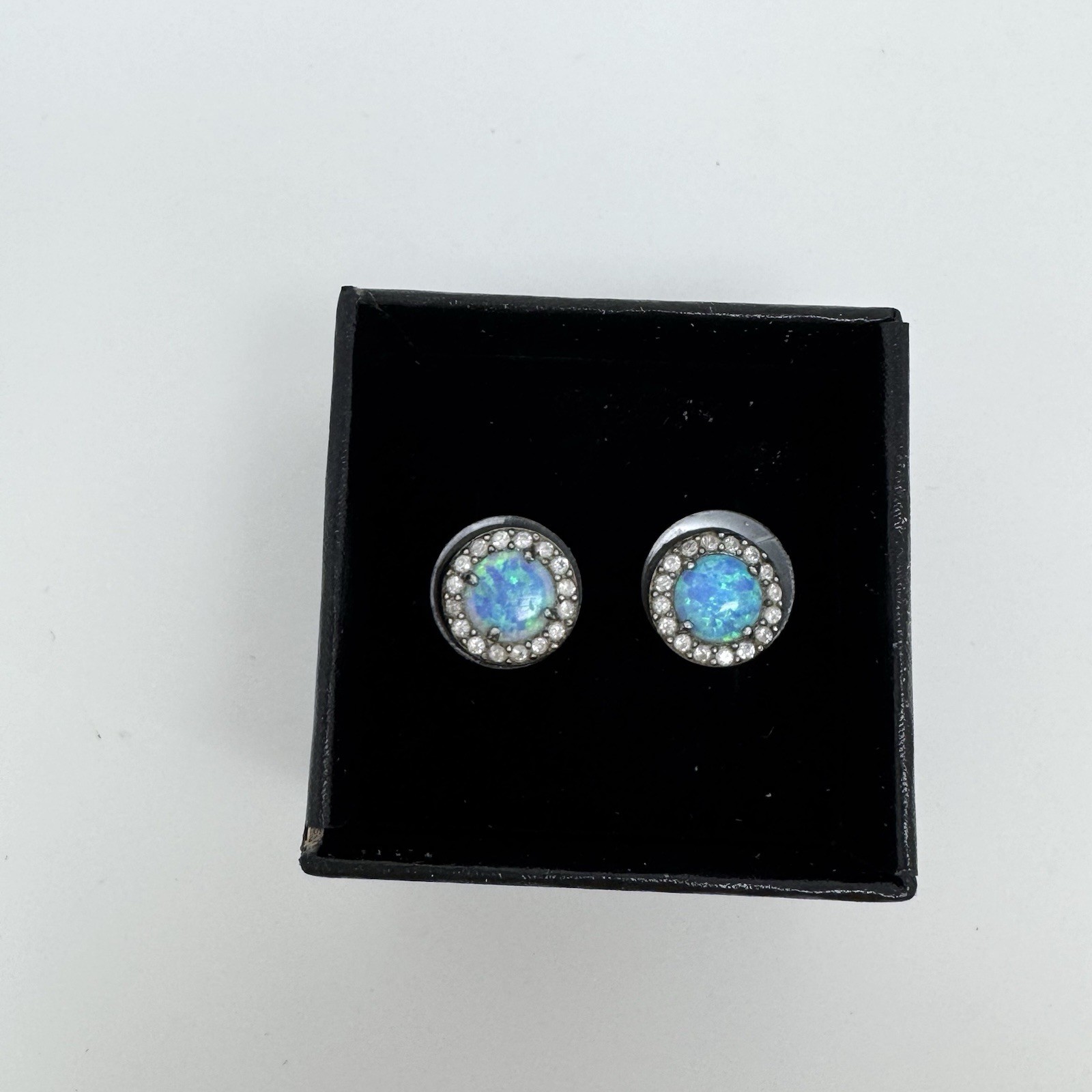 Vintage Estate 925 Sterling Silver Blue Opal & CZ Round Stud Earrings