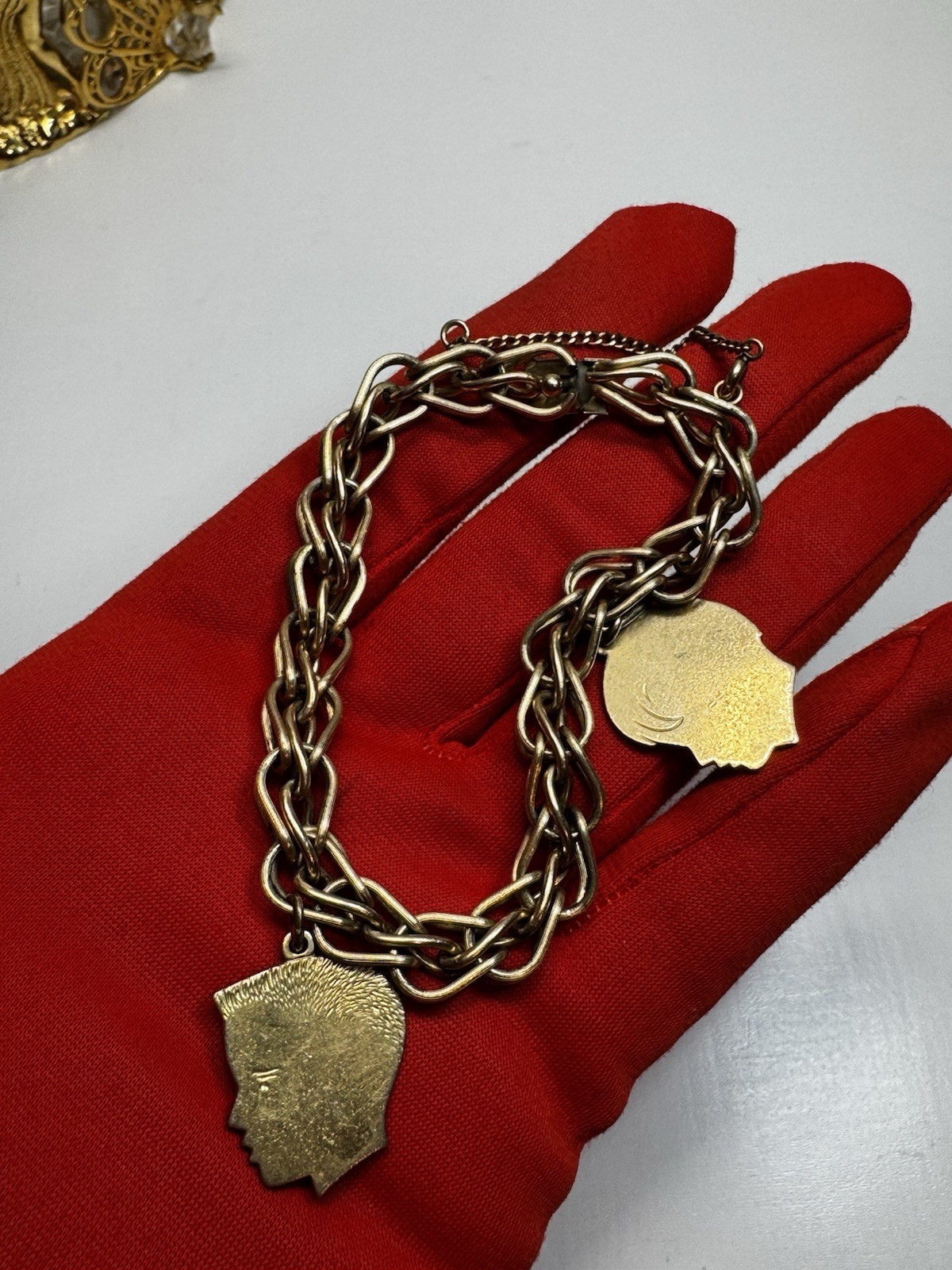 Vintage 12K Gold Filled Chain Bracelet Male Profile Charms Unmarked Retro 7” 50s