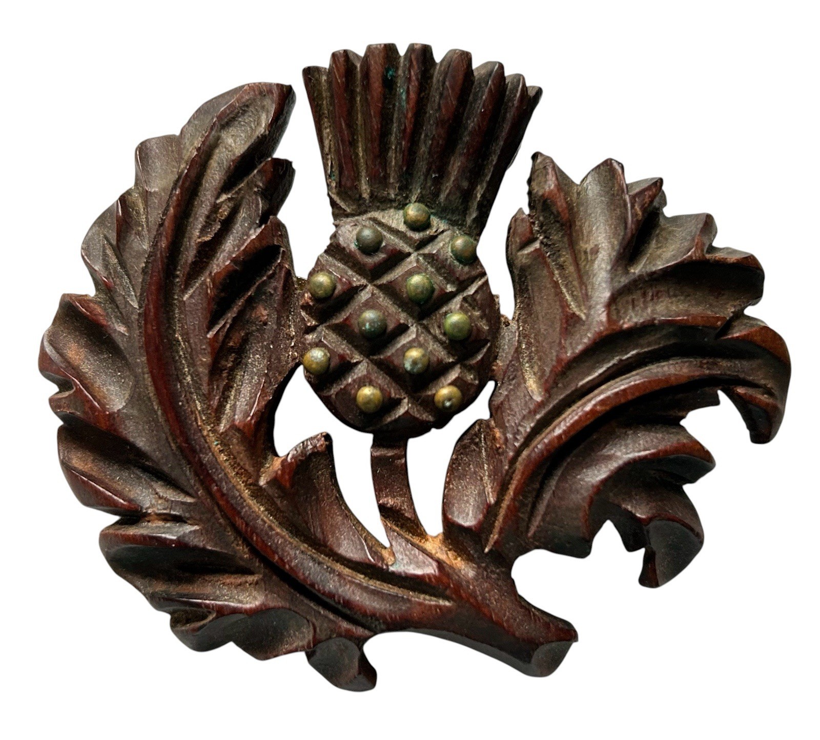Vintage Hand Carved Wood Brass Scottish Thistle Flower Brooch Botanical Leaves