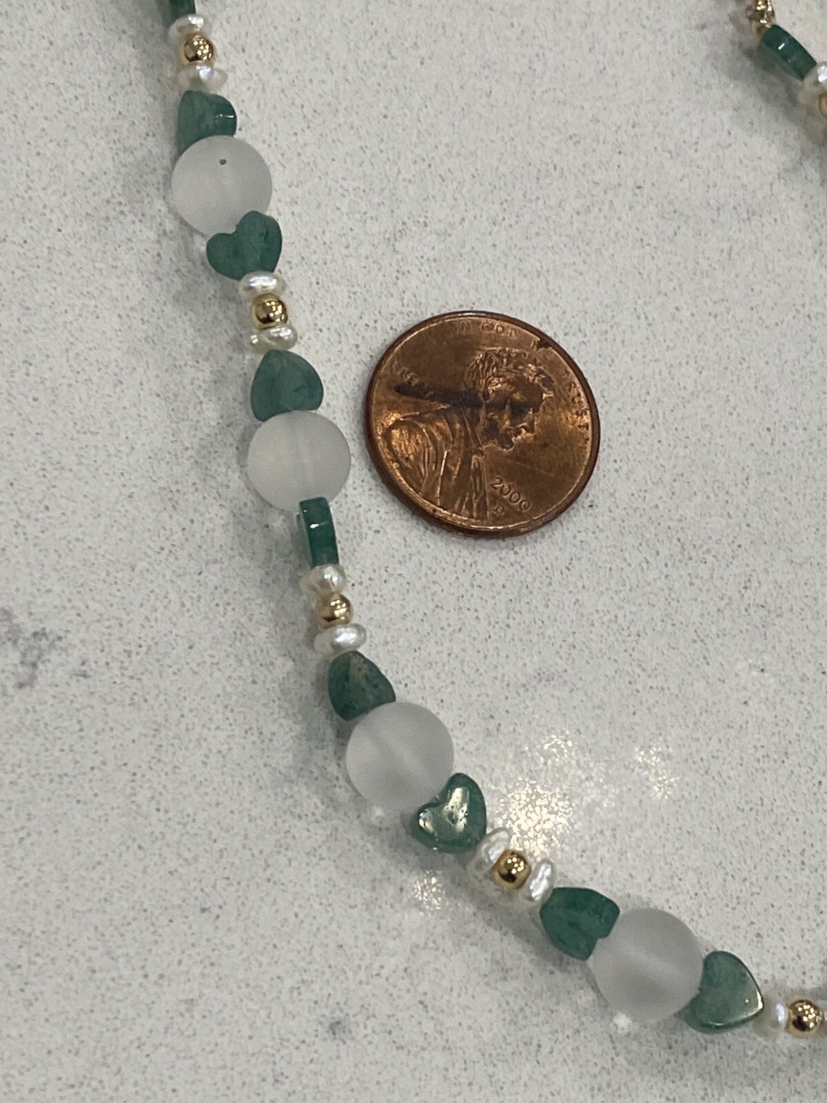 14K Gold, Emerald Hearts, Clear Round Quartz, Pearls & Gold Beads Clasp Necklace
