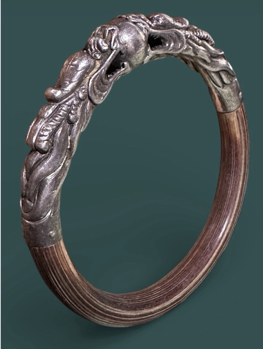 VTG Chinese Sterling Silver and Bamboo Double Dragon Bracelet/Bangle 7.5”