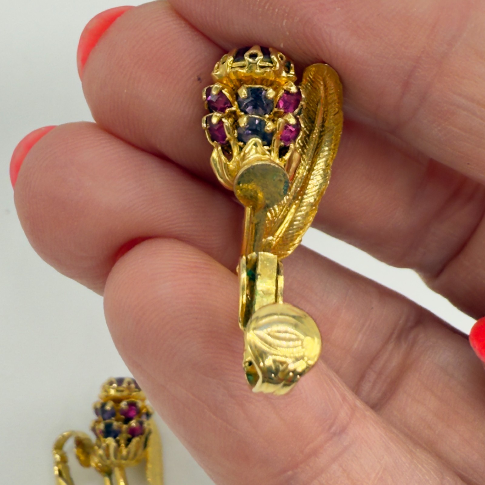 Vintage Flower Brooch and Earring Set Pink Red Rhinestones Gold Tone Clip Ons
