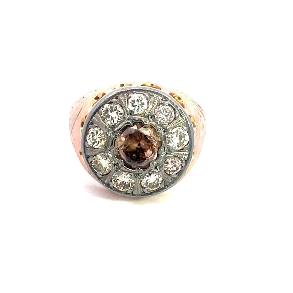 Diamond Gold Vintage Men’s Ring 17k Two Tone Champagne White 2.10ct Round Top