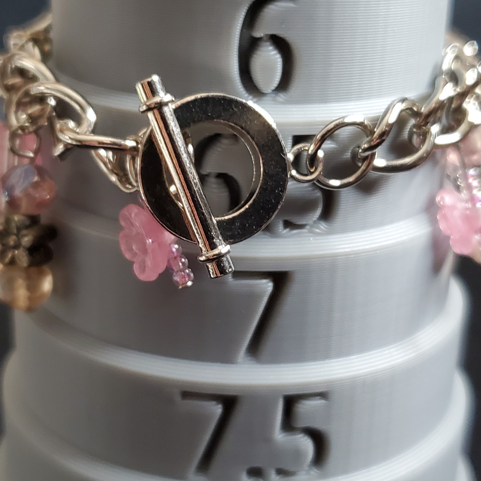 Charm Bracelet Silver Tone Pink Dangle Beads 6.5″