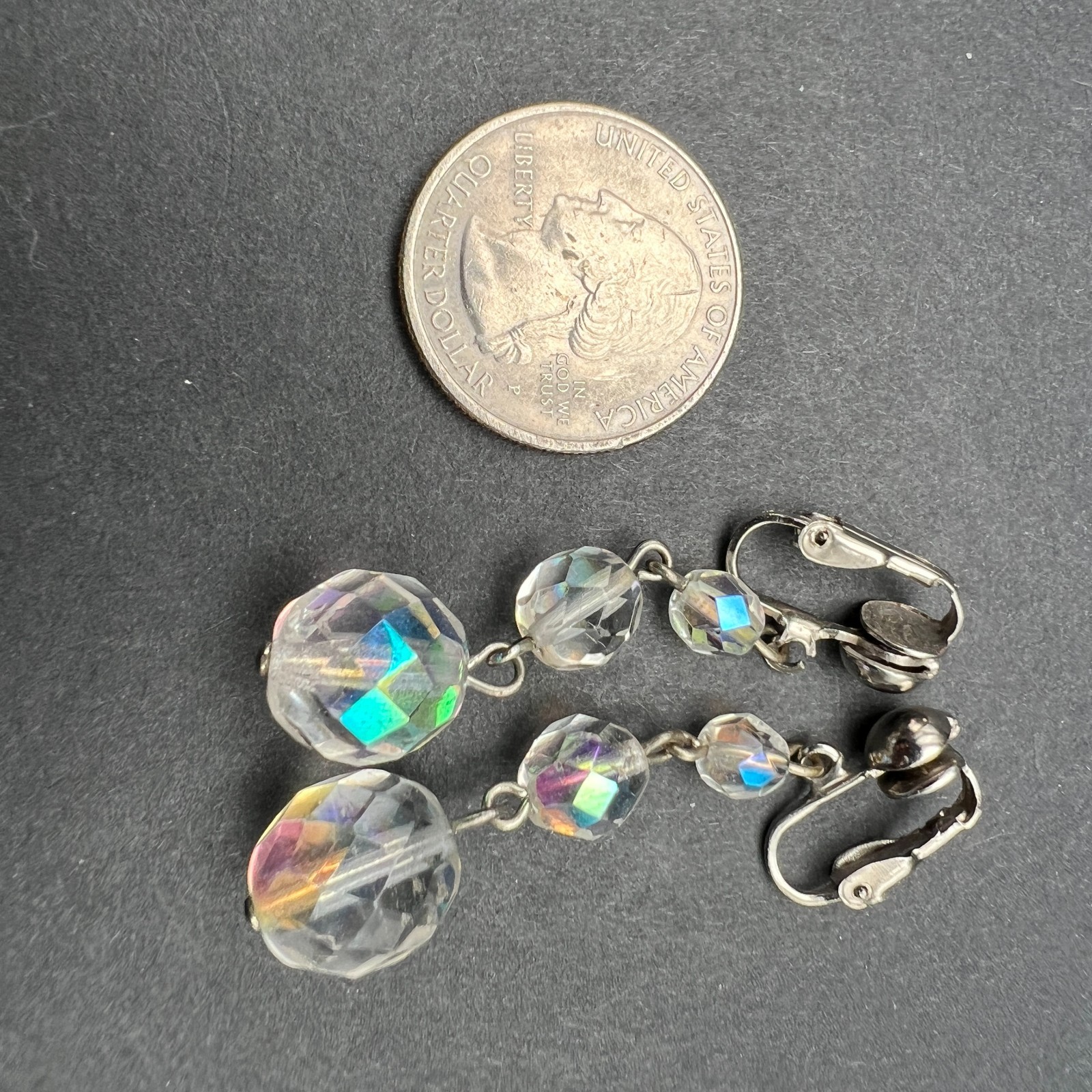 Vintage AB Clip On Earrings Faceted Crystal Dangle Drop Old Money Classic