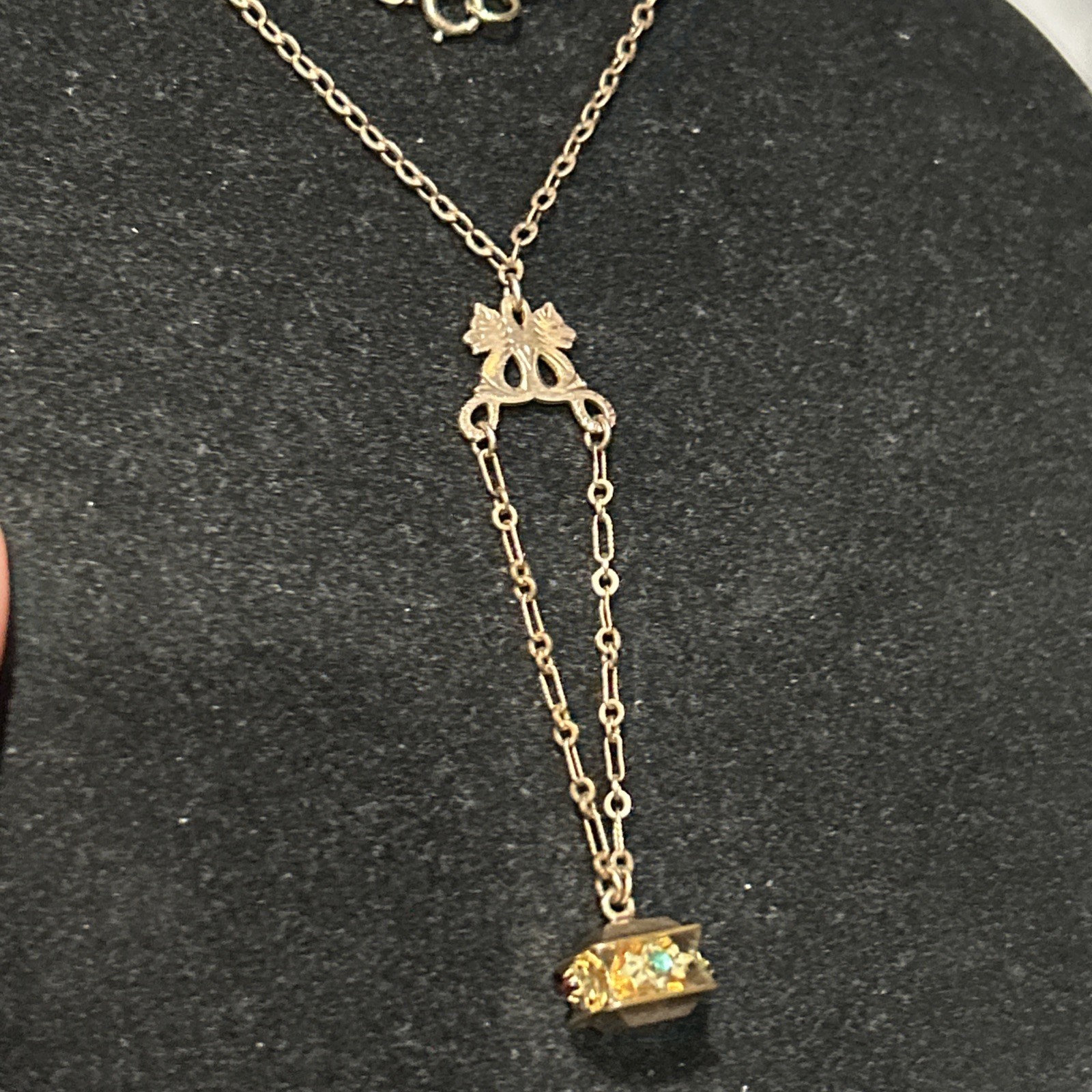 VICTORIAN 9.64g Gold Fill 3” FOB Paste Stones Dog Heads Rose GF 26” Necklace Fob