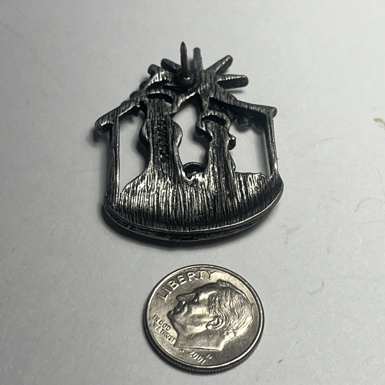 Nativity Scene Lapel Pin Pewter Clear Rhinestone Silver Tone Camco Christmas