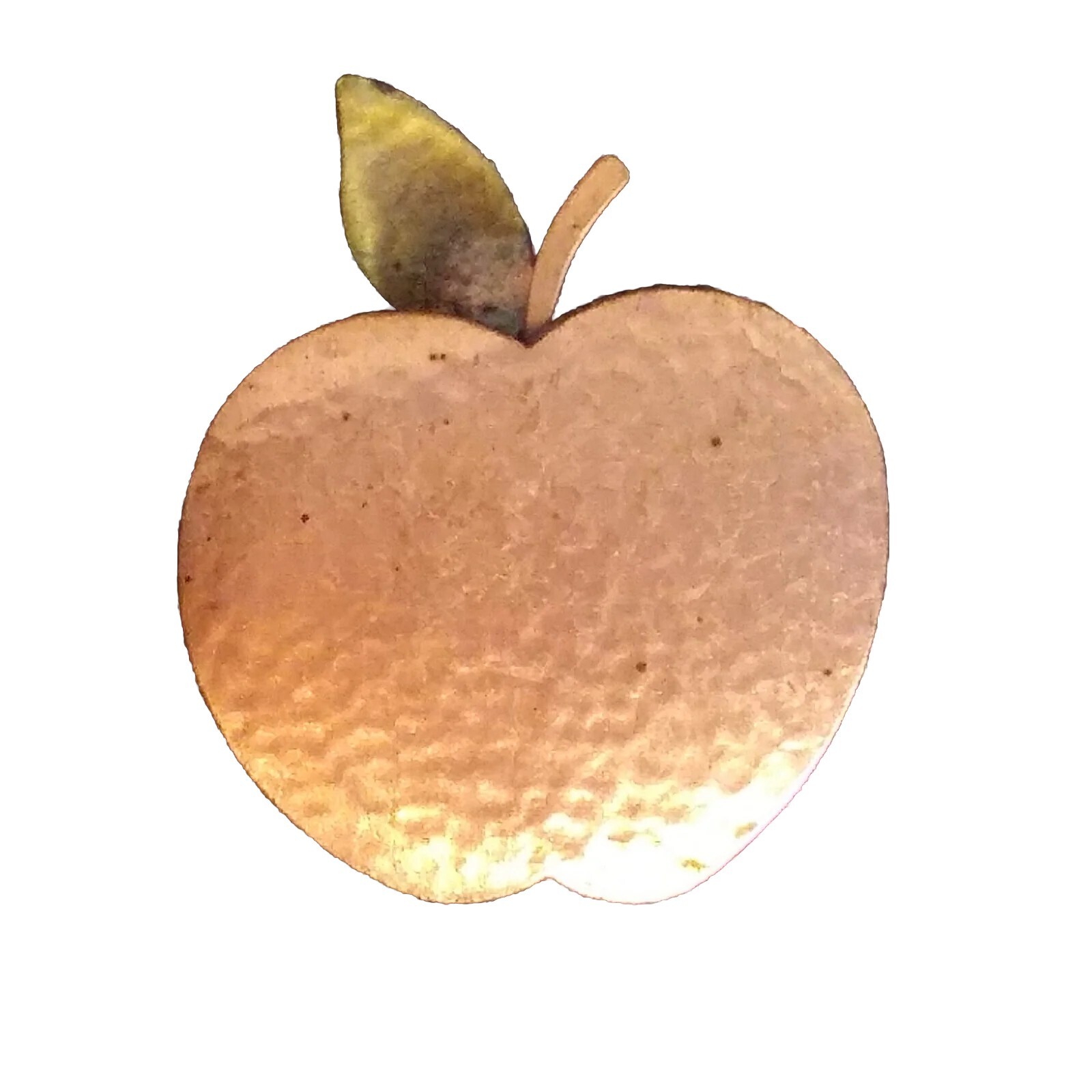 Vintage Hammered Copper Apple Brooch Pin Enamel Green Leaf EUC approx 1.5″ x 2″