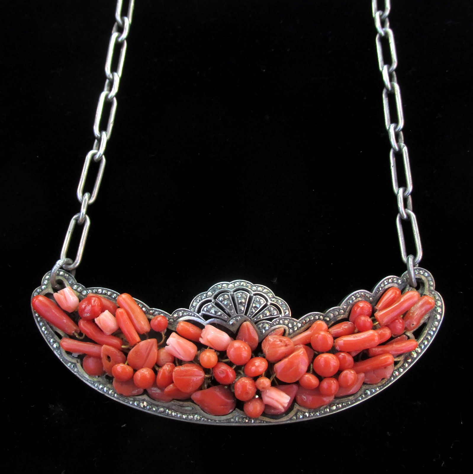 Antique Natural Coral, Marcasite and Sterling Silver Necklace Victorian 1890s