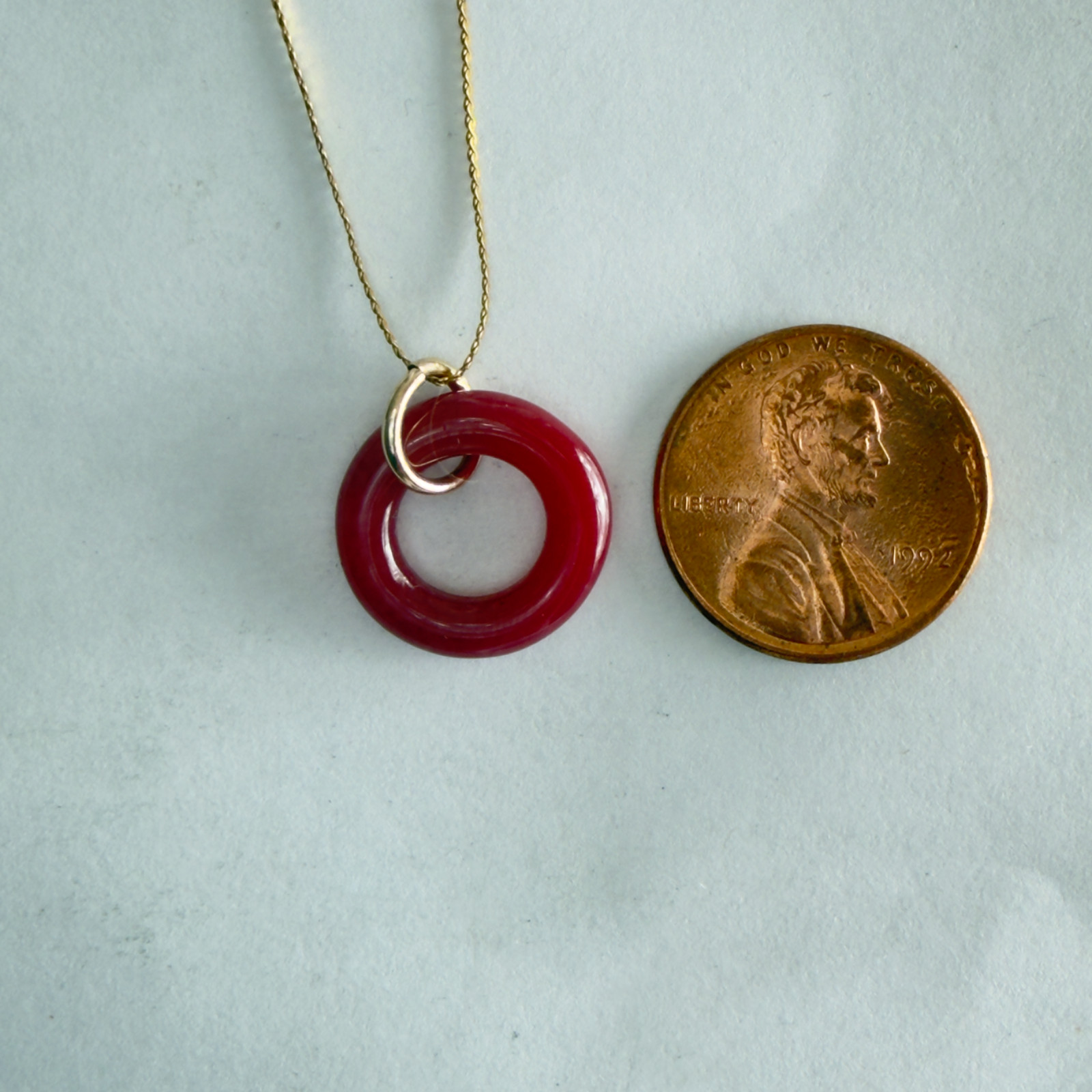 Round Rose Agate Necklace Pendant, 14K Solid Gold, 3D Round Torus Shape