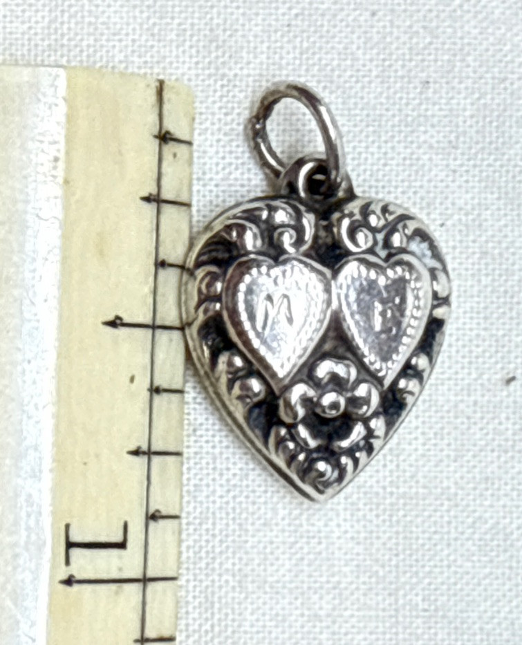 Victorian Era Vintage Sterling Silver Puffy Heart Charm Twin Hearts Flowers
