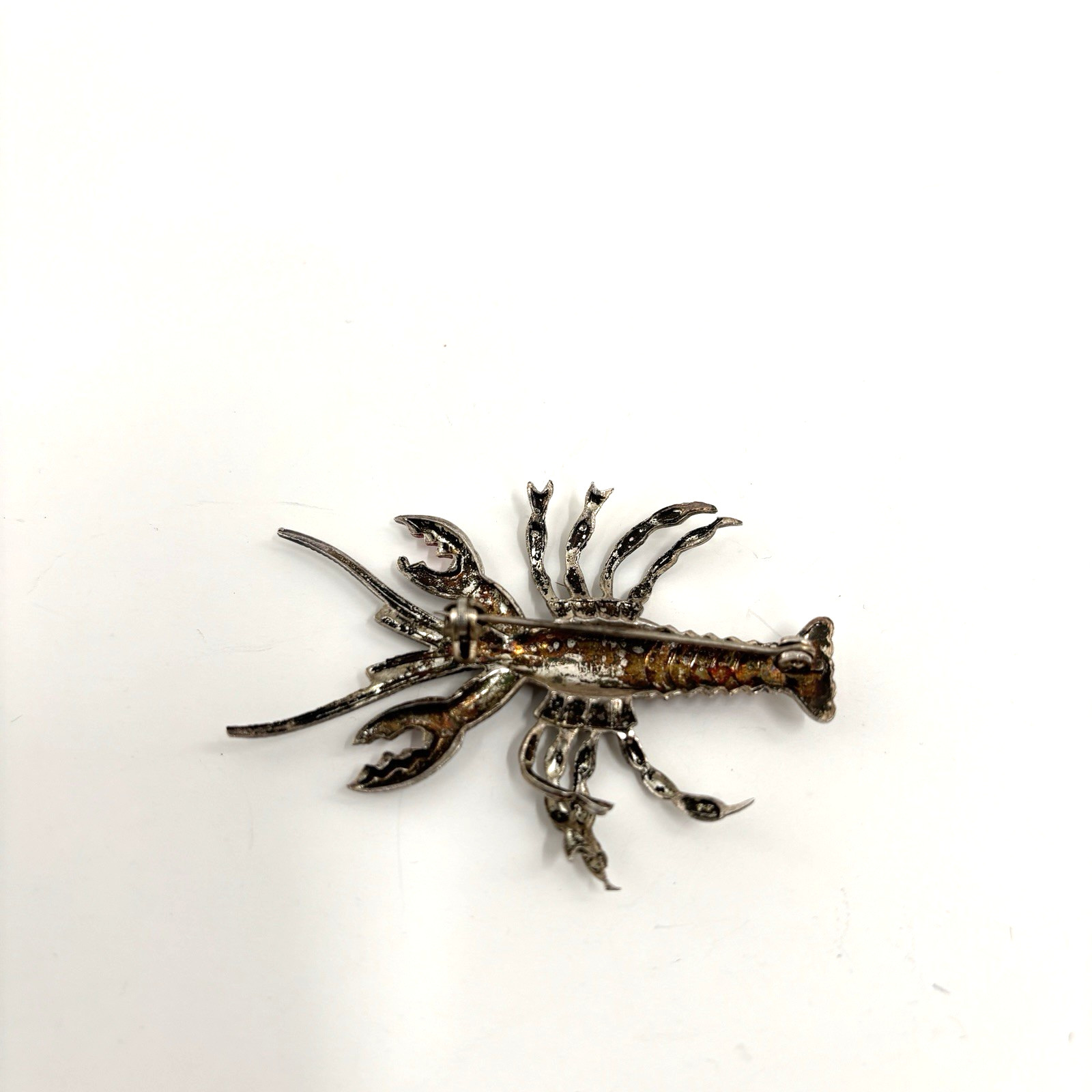 Vintage Spain Lobster Brooch Red Enamel Silver Tone Figural Crayfish Pin