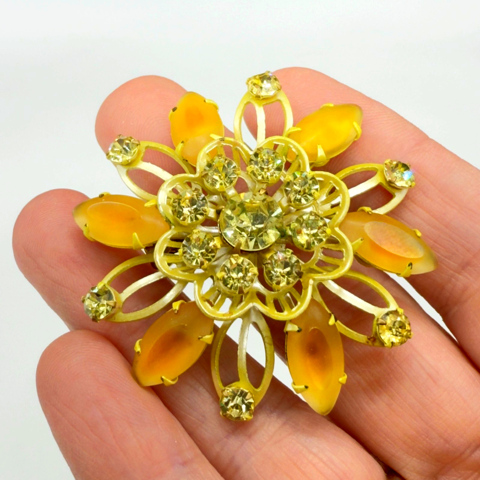 Vintage Enamel Brooch Yellow Flower Pin Dichroic Marquise Petals Rhinestones