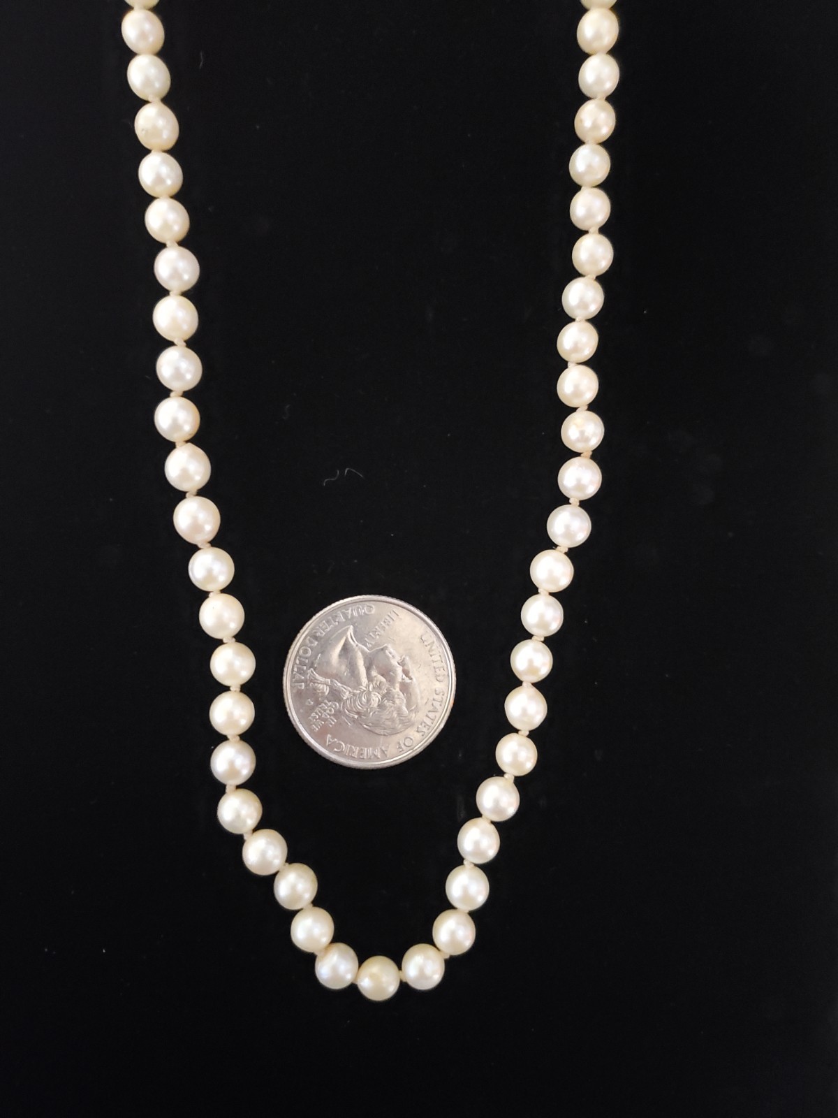 Vintage Single Strand Pearl Hand Knot Necklace Ornate Gold Turquoise Clasp Gift