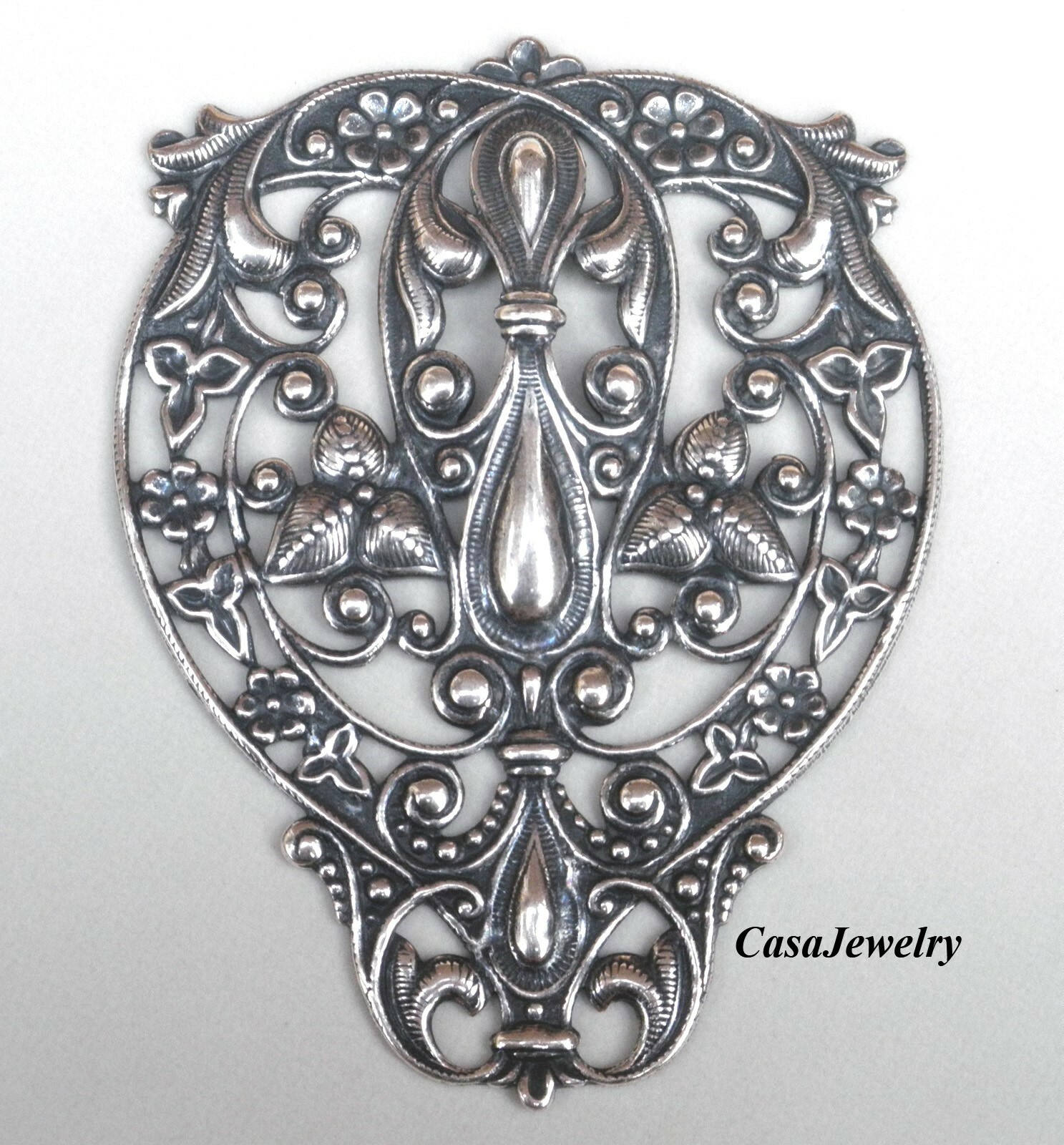 #4108 LARGE ANTIQUED STERLING SILVER PLATED FILIGREE SHIELD COMPONENT – 1 Pc
