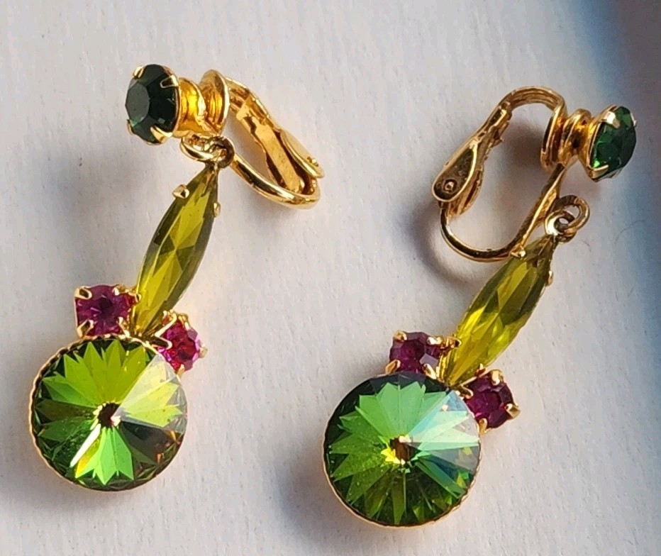 Vintage Julianna Pink and Green Rivoli Watermelon Brooch & Clipon Earrings
