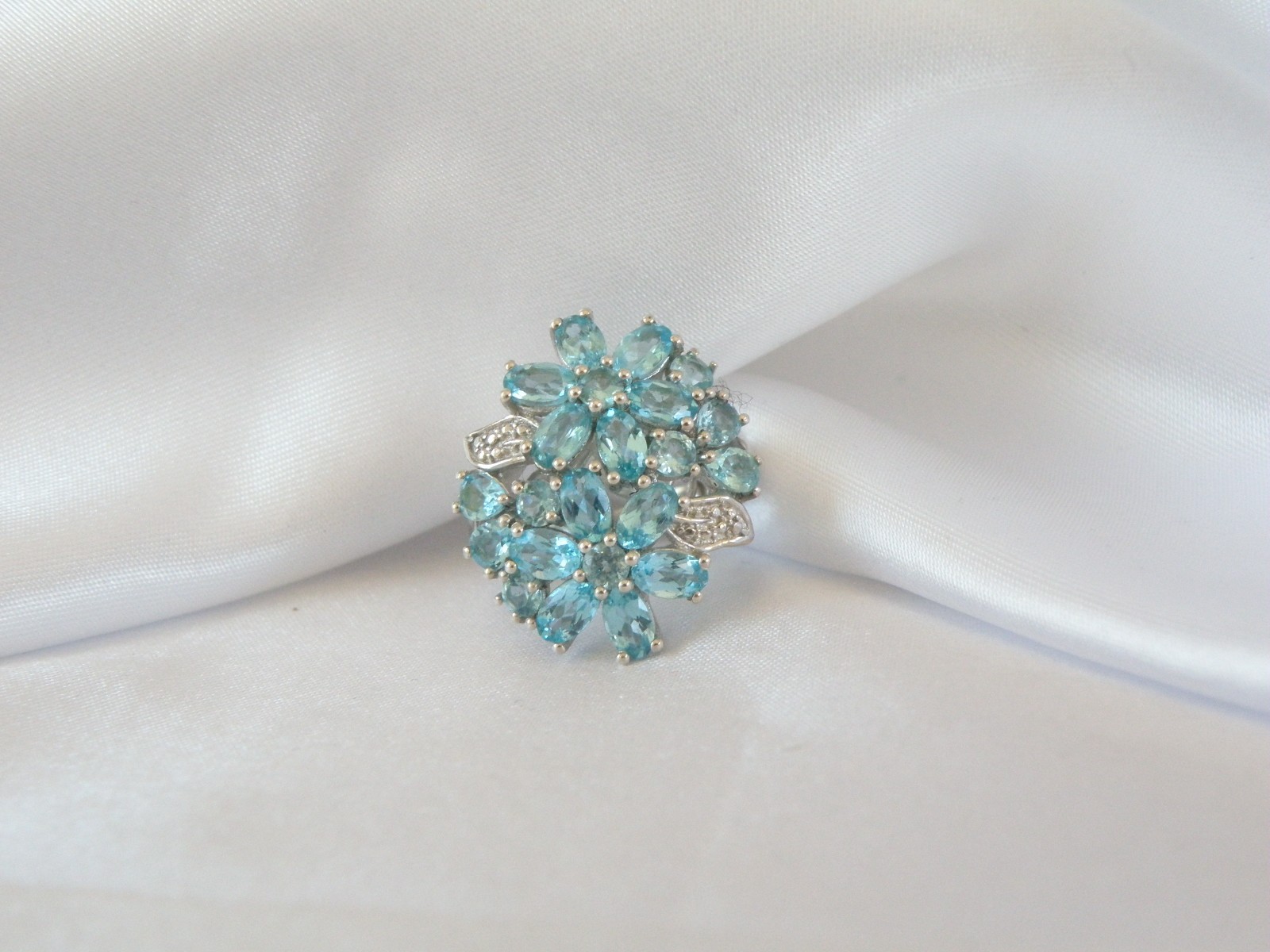 Vintage Sterling Silver 925 Cluster Natural Aqua Blue Apatite Large Ring Size 6